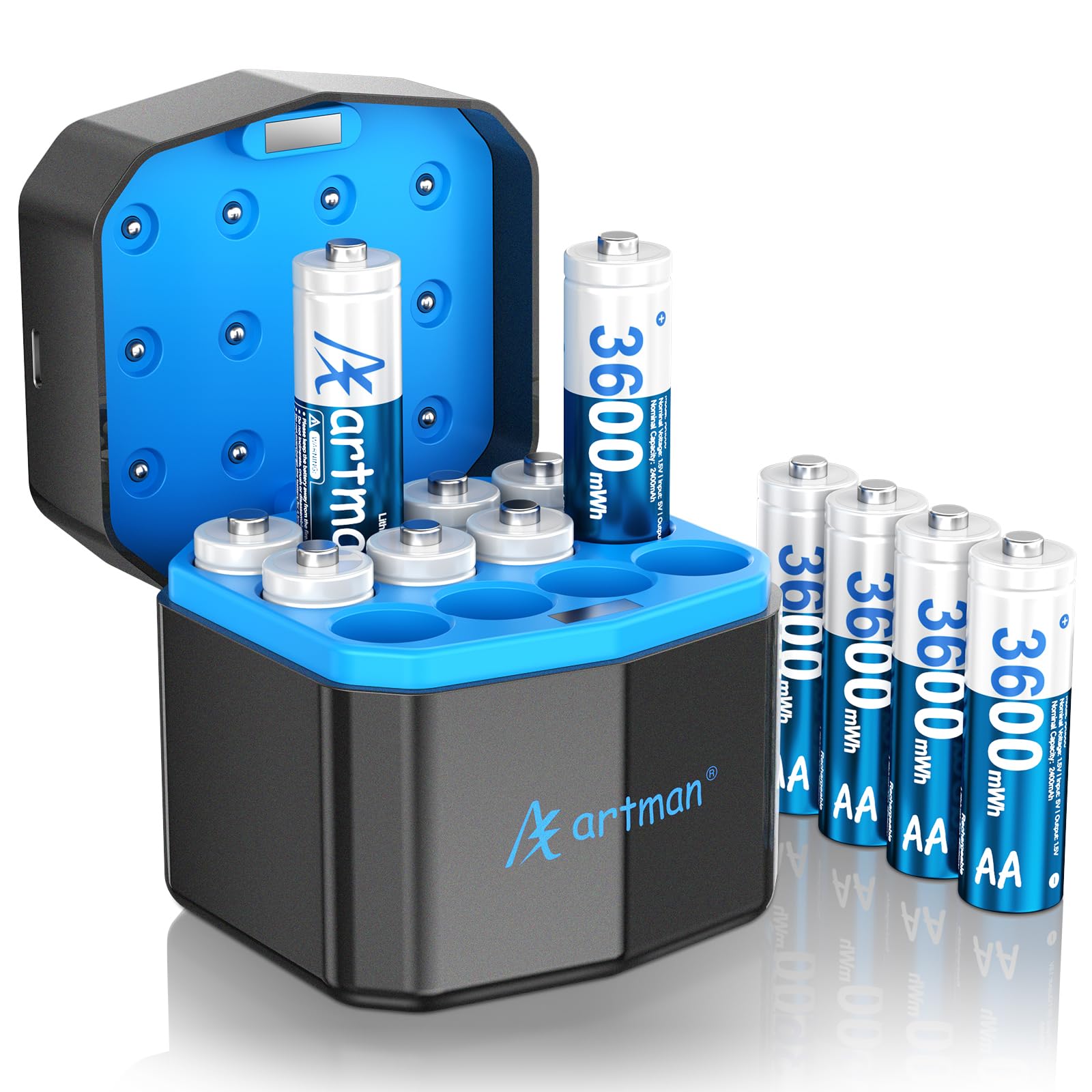 Artman - Confezione da 12 batterie al litio AA ricaricabili con caricabatterie rapido, batterie al litio AA da 3600 mWh per fotocamera Blink per esterni, 1,5 V, doppia A, ricarica fino a 2000 cicli