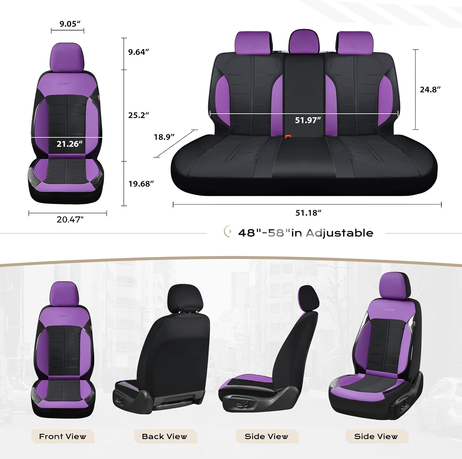 Coverado 3D Air Mesh Car Seat Cover Full Set, Sports Carbon Fiber Design, Breathable Seat Protectors Airbag Compatible Comfort Universal for Most Cars, Van,Trucks, SUV, Black&Purple