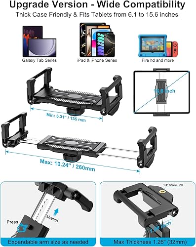 Miniatura 6 de Soporte para tablet grande para automóvil, hasta 15.6 pulgadas, soporte de metal ajustable para tableta, soporte de vaso de camión resistente para
