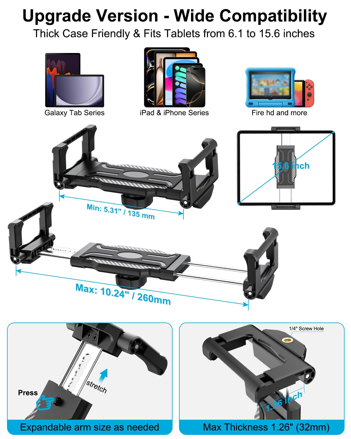 Portabicchieri da auto per tablet grande, fino a 15,6" e braccio regolabile in metallo a 360° | Heavy Duty Truck Cup Holder Tablet Stand per iPad Pro 13 12.9 Air Mini, Galaxy Tab, iPhone, 6.1-15.6 pollici Dispositivi