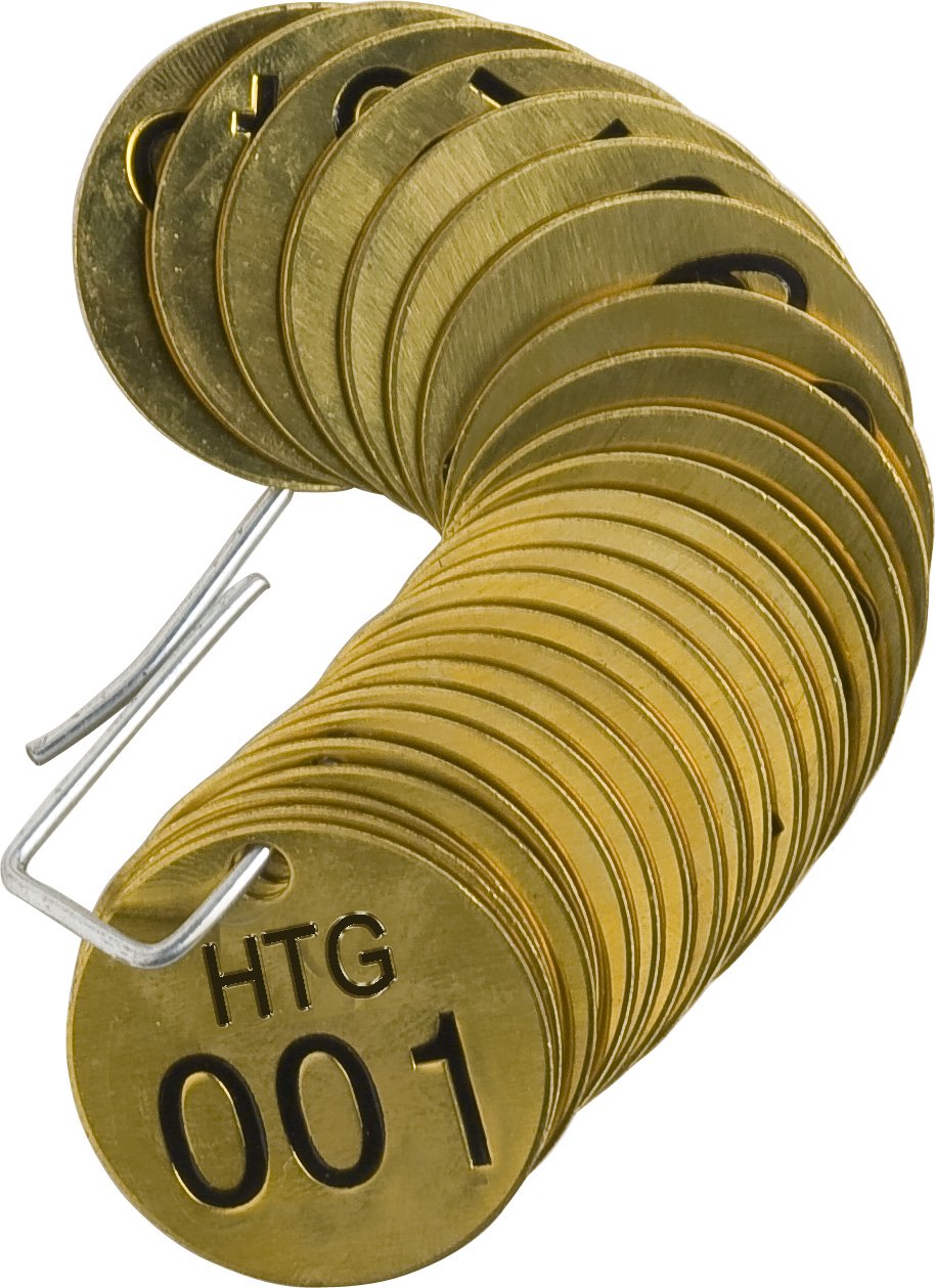 Brady 232681 1/2" Diameter Stamped Brass Valve Tags, Numbers 001-025, Legend "HTG" (25 per Package)
