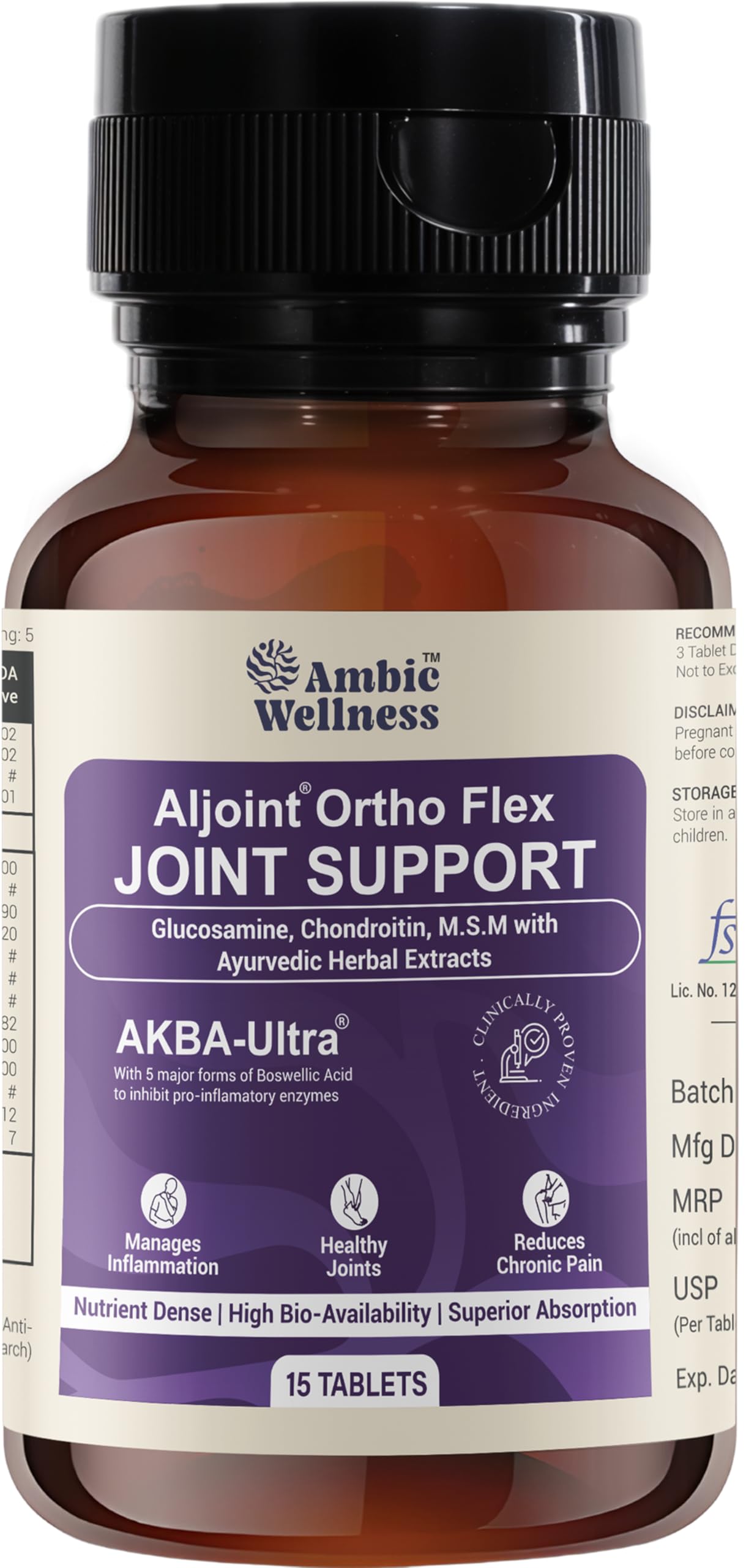 Aljoint Ortho Flex Joint Support Supplement Tablet 15 Tablet I Clinically Proven Boswellia Serrata, Glucosamine, Chondroitin MSM for Joint Pain
