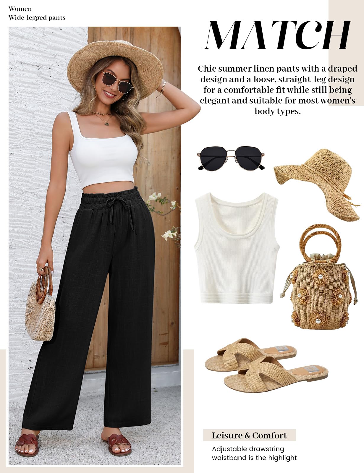 UMIPUBO Pantalon Lin Femme Été Coton Fluide Large Elegant Décontracté Pantalon Taille Haute Élastique avec Cordon Léger Jogging Pants de Plage avec Poches