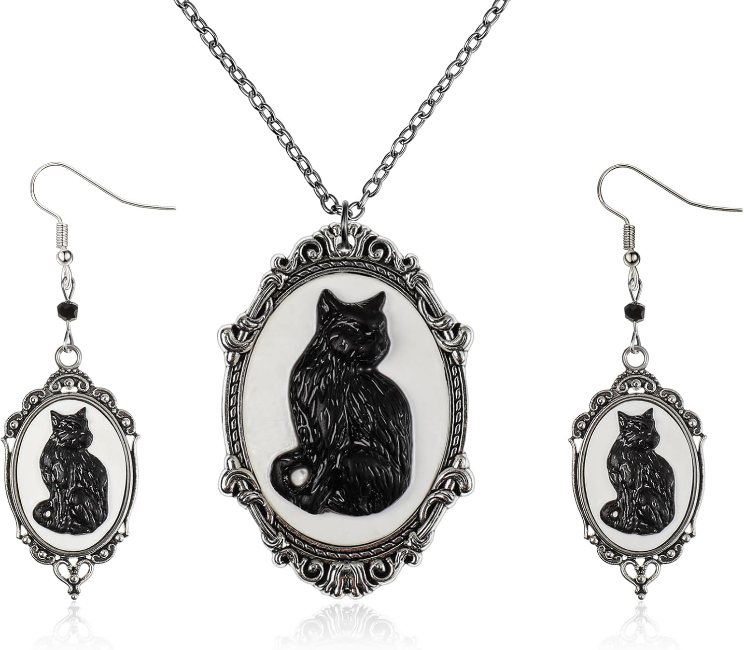 Tondiamo Black Cat Cameo Necklace & Earrings Set for Women, Gothic Vintage Cat Pendant Jewelry, Dark Aesthetic Gift for Halloween Party Cosplay & Everyday Wear