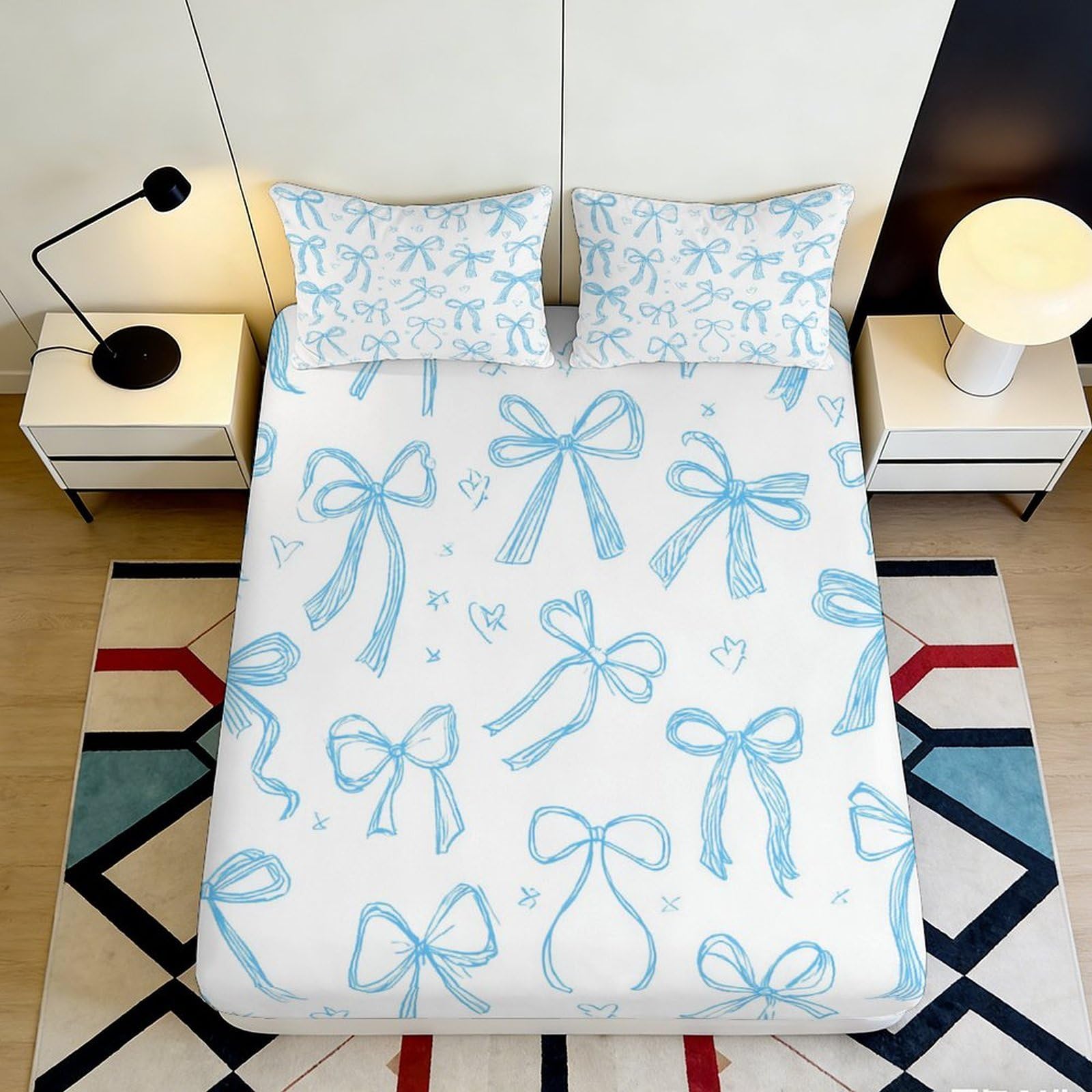 3D Printed Blue Ribbon Pattern Fitted Sheet Microfiber Soft Breathable Bow Design Mattress Cover for Bedroom Dorm Decor 160x200x25cm