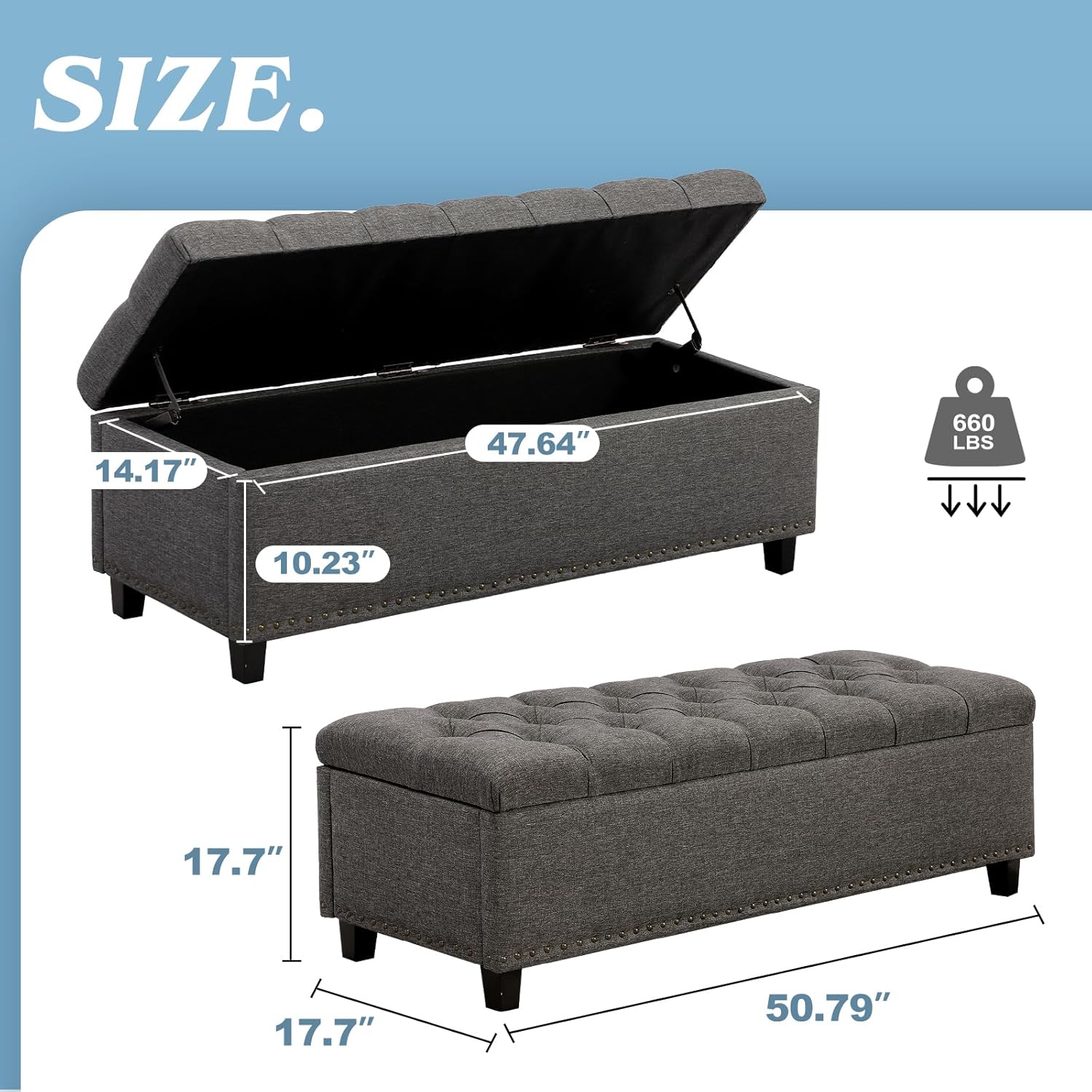 51" Storage Bench for Bedroom, Tufted Storage Ottoman Benchs with Pholstered, Large Long End of Bed Storages Bench Load up to 660 lb, Wooden Legs for Bedroom & Living Room(Gray)