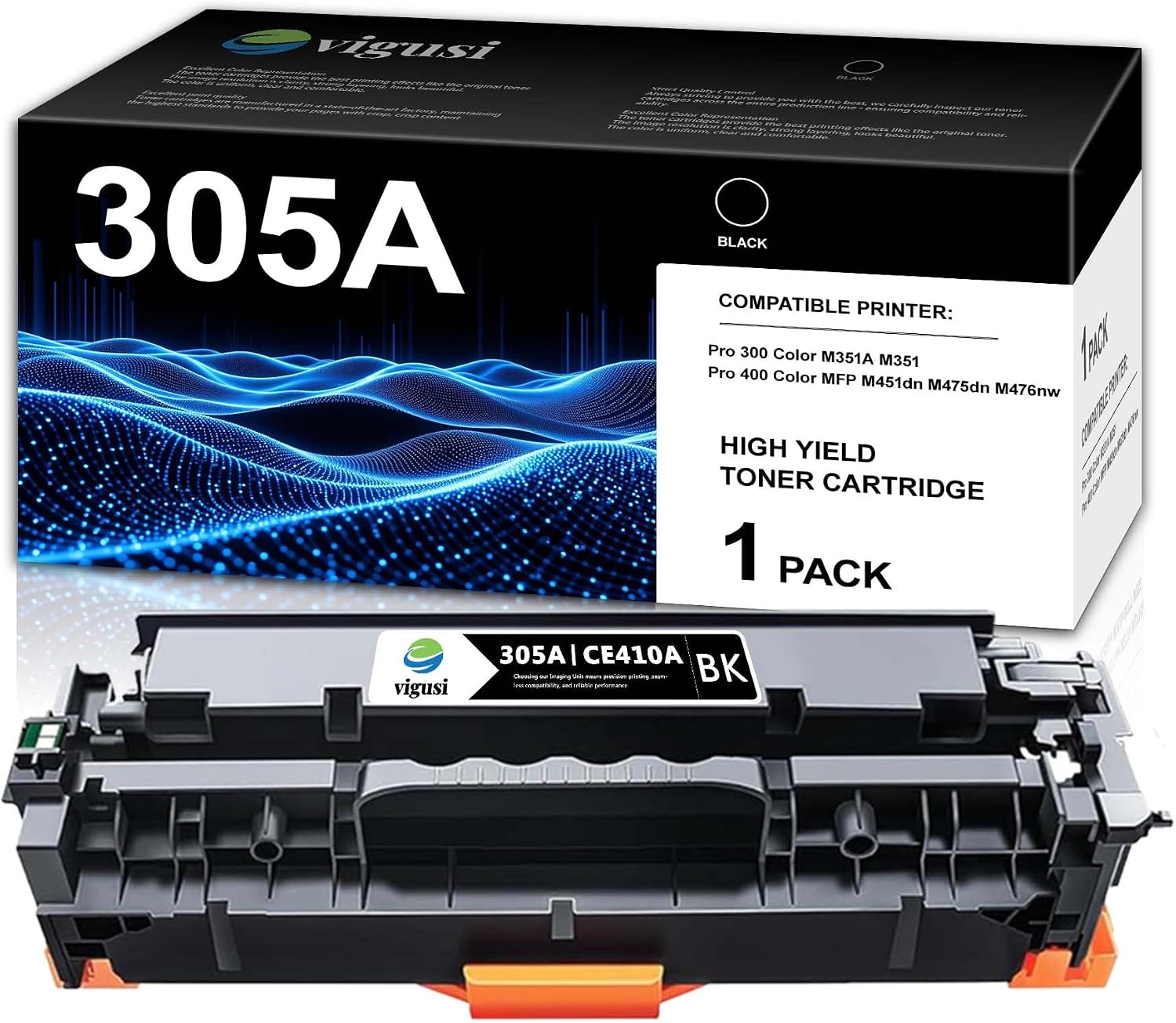 305A Black Toner Cartridges 1-Pack Compatible 305A Replacement for HP 305X 305A CE410A Toner Cartridge for Pro 400 Color MFP M451dn M475dn M476nw Pro 300 Color M351A M351 Printer [ 2,500 Pages ]