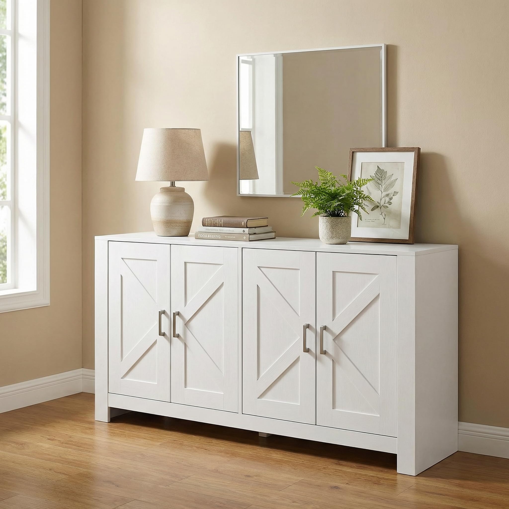 Brigros WeHome - Credenza Cucina Con 4 Ante, Credenza Soggiorno Bianca 150x40x80 Cm, Mobiletto Ingresso Con Maniglie Cromate, Mobile Cucina, Madia Soggiorno Moderna