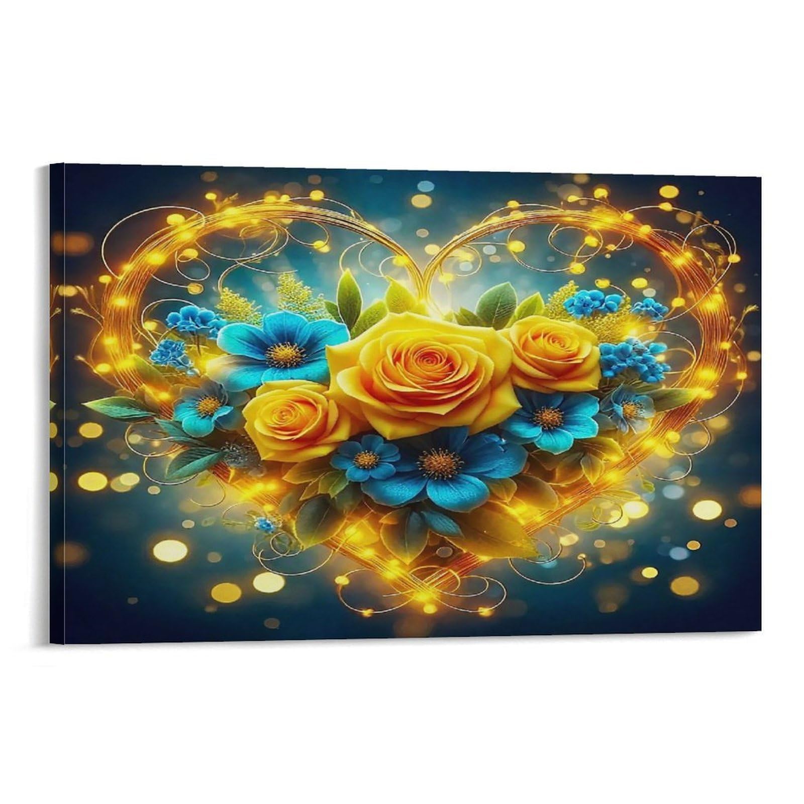 CPLVKWRQJ Split Heart with Stars And Flowers Individual Glowing Heart Shaped Golden Rose Bouquet Wall Art Decor - Kitchen Removable Canvas Wall Art Multi-Purpose Focal Point 12x18inch(30x45cm)