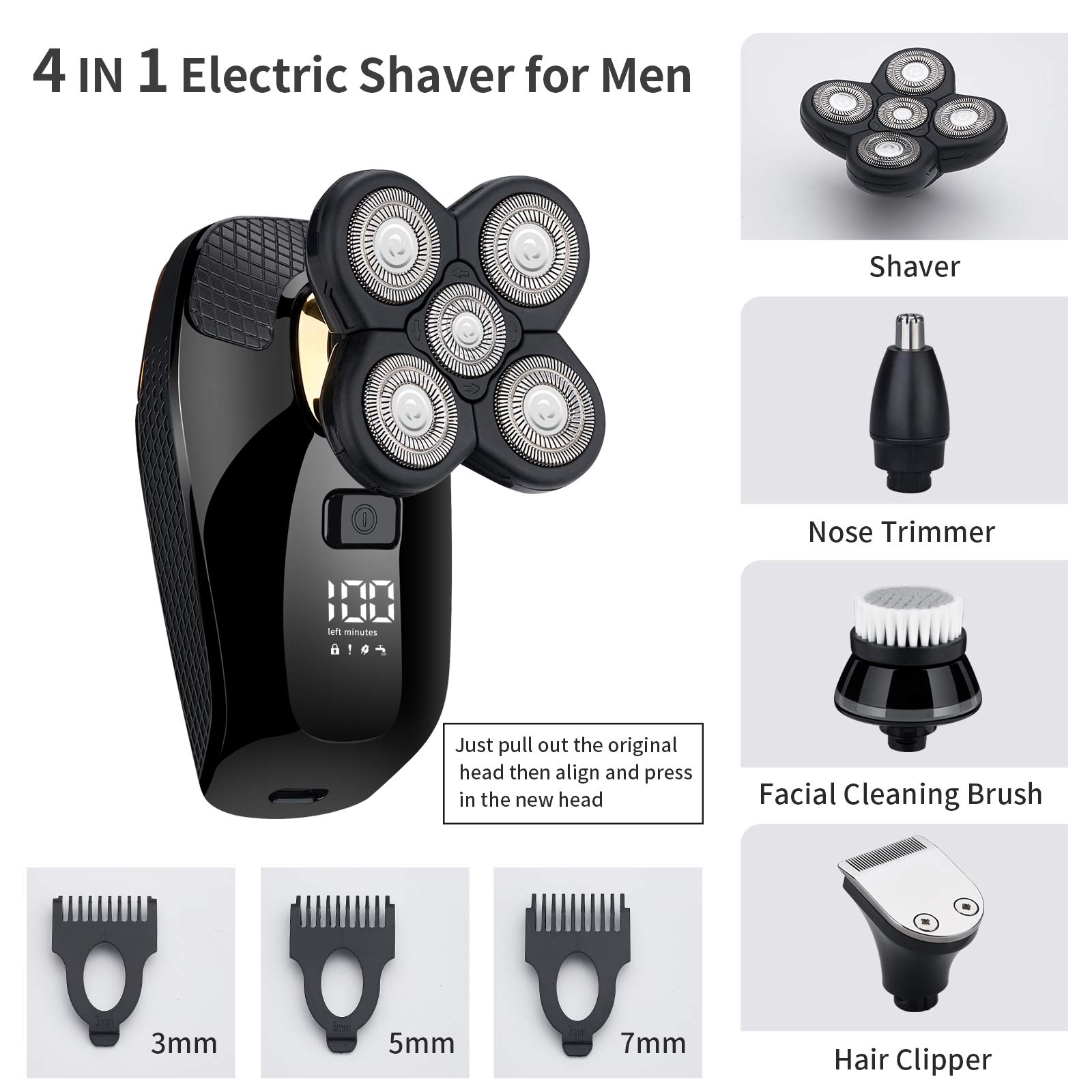 Juego de afeitadora eléctrica 4 en 1, afeitadora calva, húmeda y seca, inalámbrica, con recortadora de nariz y oídos, limpieza facial, recargable, IPX6 impermeable 4