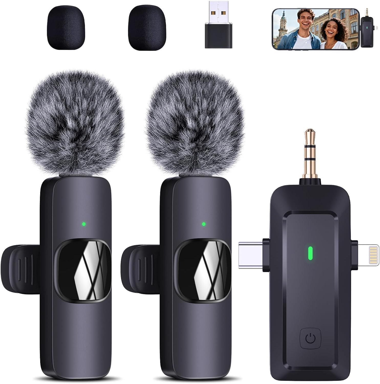 Microfono wireless Lavalier per iPhone/cellulare/fotocamera/computer, 4 in 1, senza fili, con protezione dal vento per la registrazione video, streaming live vlog, TikTok