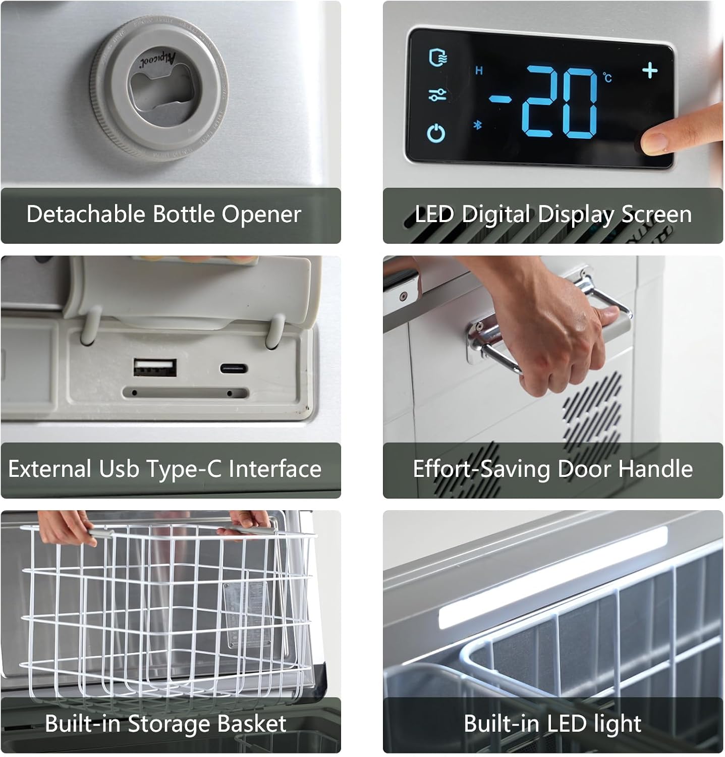 Alpicool MF35 features including bottle opener, LED display, USB-C port, handle, storage basket, and LED light