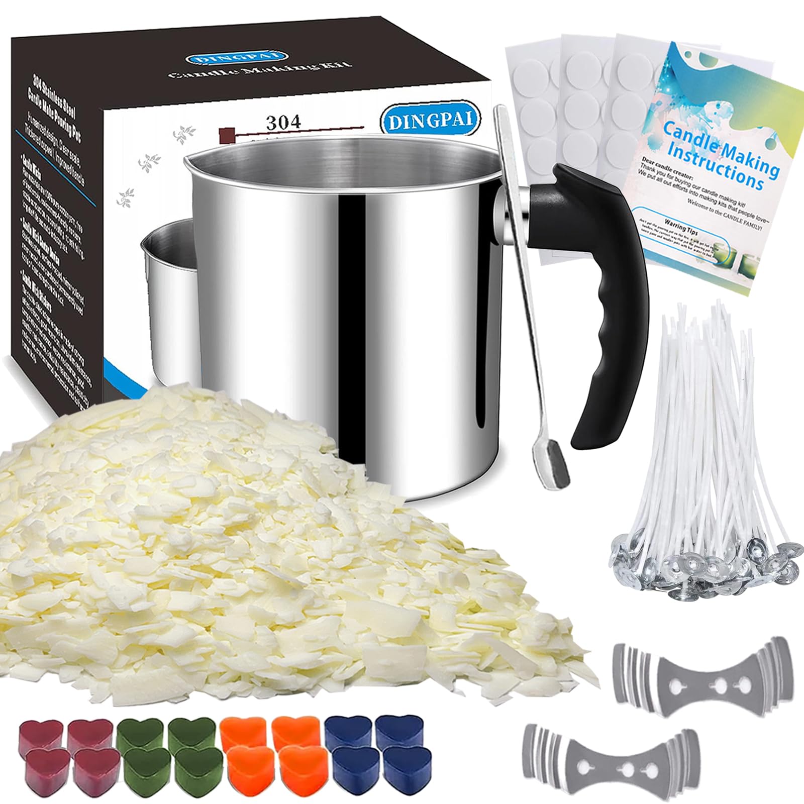 DINGPAI Candle Making Supplies, Complete Soy Candle Making Set Including Candle Make Pouring Pot, Candle Wicks, Wicks Sticker, 3-Hole Candle Wicks Holder, Natural Soy Wax and Spoon