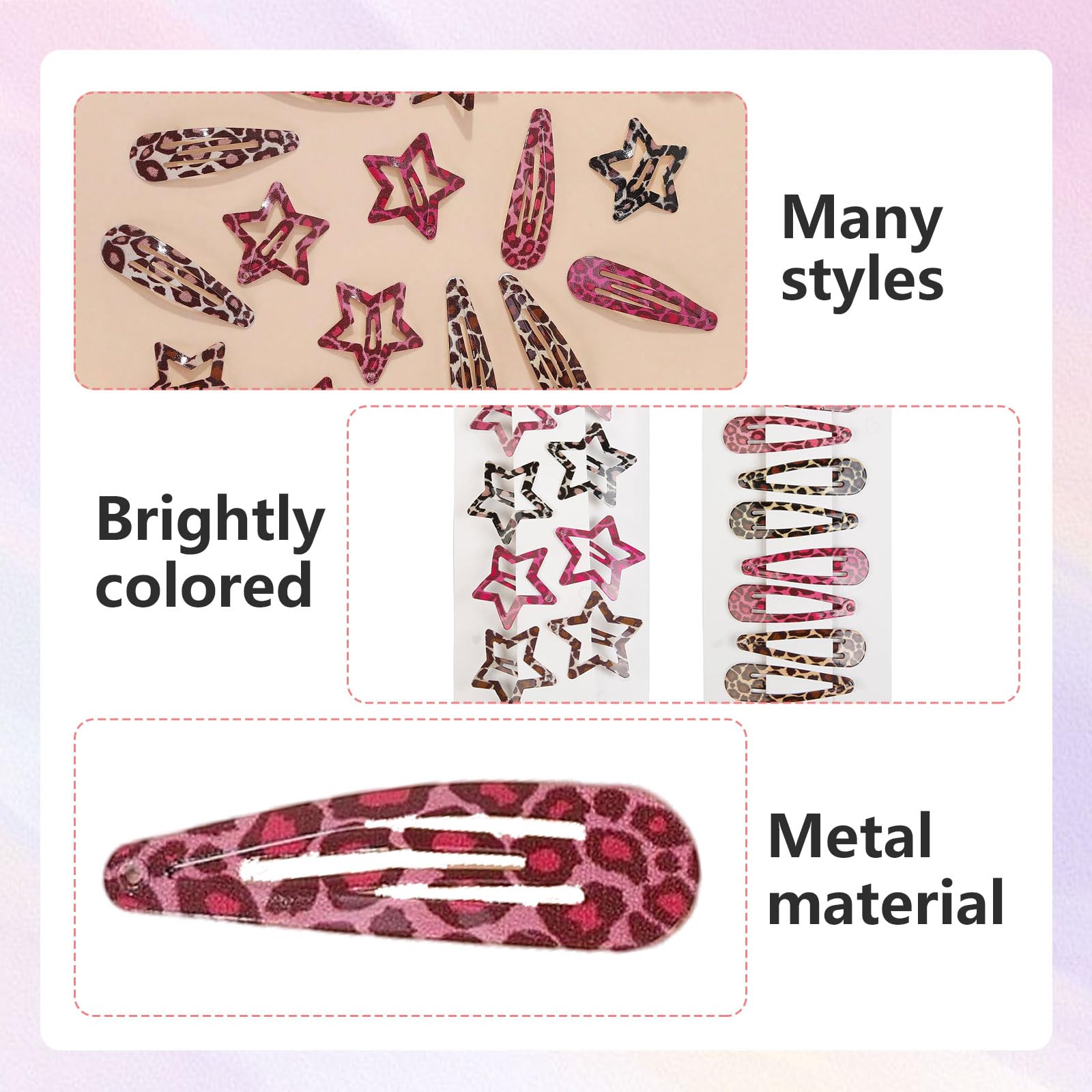 Shimmerz 8 Pc Metal Snap Hair Clips, Star and Drop Hair Clips, Non-slip Y2K Accessories for Thin and Thick Hair (Pink and Brown Leopard Print) - Image 3