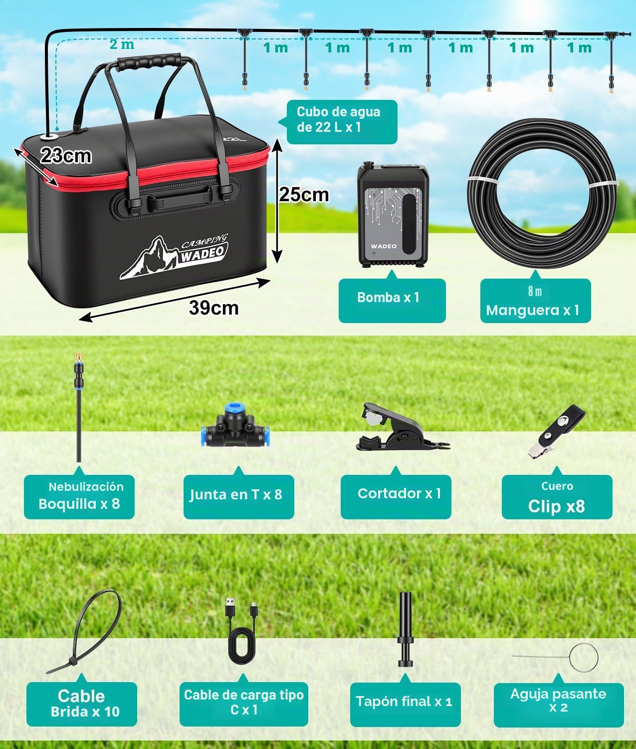 WADEO Sistema de refrigeración por nebulización con bomba de 6000 mAh, cubo de agua de 22 litros, manguera de 8 m, 8 boquillas de latón y 10 abrazaderas, para terrazas, jardines y céspedes