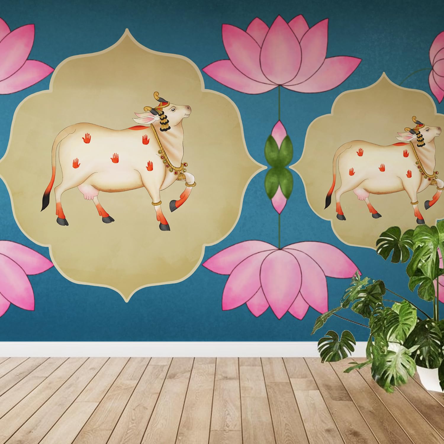 PAPER PLANE DESIGN Cow and Lotus Ethnic Spiritual Wall Mural Wallpaper. Full Wall Coverage. (Ds-05) (12 X 15 FEET, Canvas Texture - SELF Adhesive)