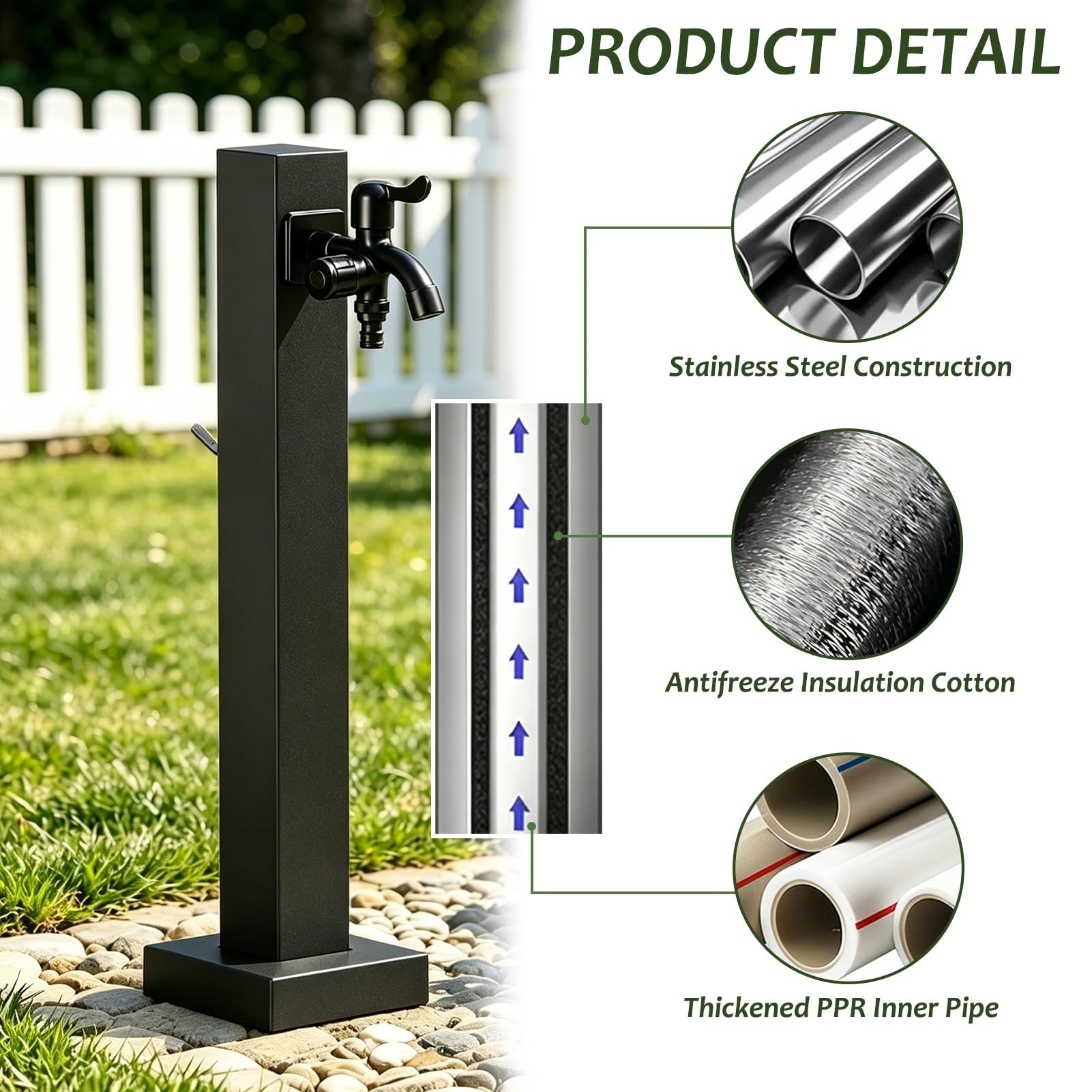 Grifo independiente exterior, columna de agua montada en el piso con soporte para manguera, grifo de jardín vertical negro hidrante de patio anticongelante para lavado de riego(B,Height: 60cm/23.6in)