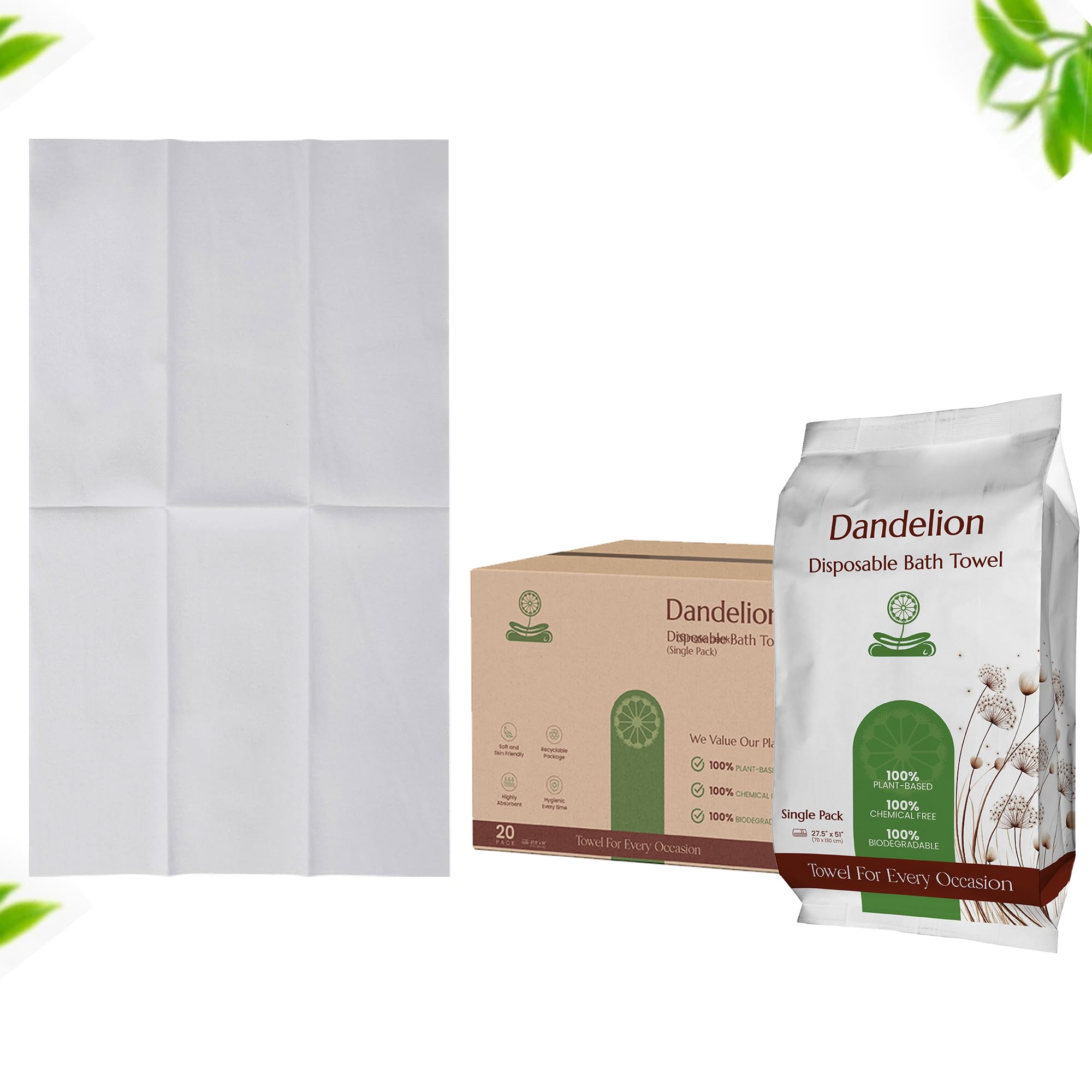 Dandelion Disposable Bath Towel - Single Pack - 100 Plant-Based Biodegradable - Soft Hygienic Skin-Friendly - Travel Gym