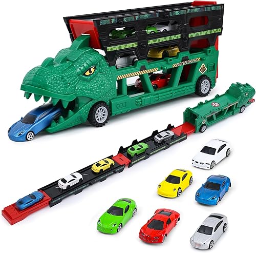 Camión de dinosaurio 2 en 1 con 6 elegantes autos de carreras fundidos a presión para niños de más de 3 años, camión transportador de dinosaurios