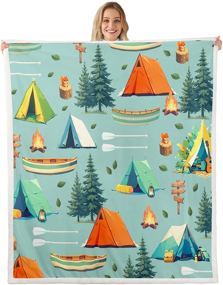 Erosebridal Happy Camping Sherpa Blanket Camper Adventure Rv Accessories Fuzzy Plush Throw Outdoor Travel Car Fleece Blanket for Kids Boys Girls,Cartoon Tent Pine Tree Decor for Bed Throw 50"x60" image 2