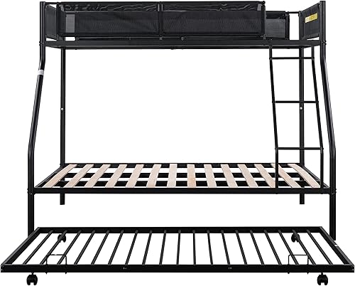 Miniatura 3 de Litera individual sobre tamaño matrimonial con marco de litera de metal nido con listones de madera y barandilla de textileno