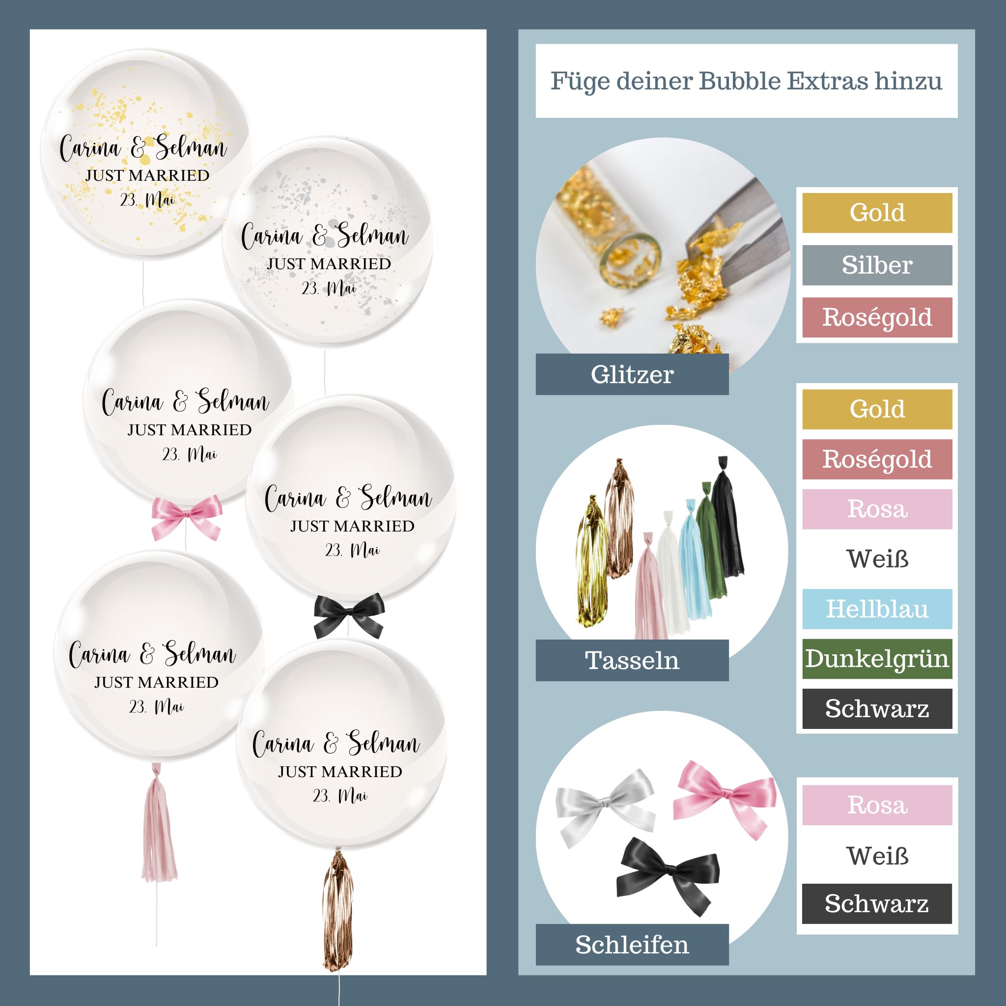 Just Married - Bubble Fabrik - Personalisiertes Ballongeschenk: Einfarbiger Heliumballon mit Blattgold, Geschenk zur Hochzeit, Hochzeitsmitbringsel, Geschenkidee