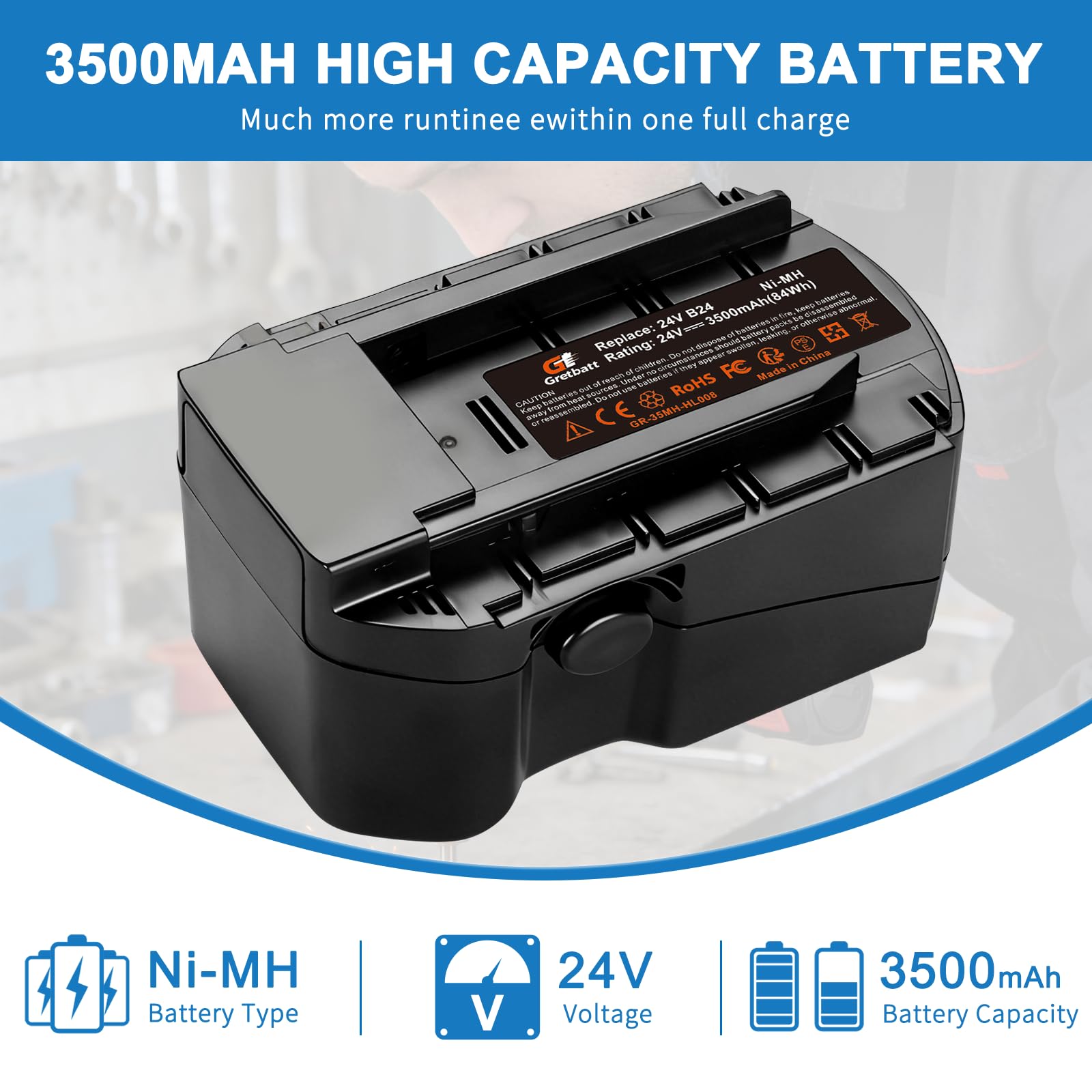 Batería de Ni-MH de 24V y 3500mAh para Hilti WSR 650-A, WSC 6.5 UH, 240-A, WSC 55-A24 Te 2-A, SFL 24. Sustituye a B24, B 24/3.0, B 24/2.0 y B24/2/3-24V.