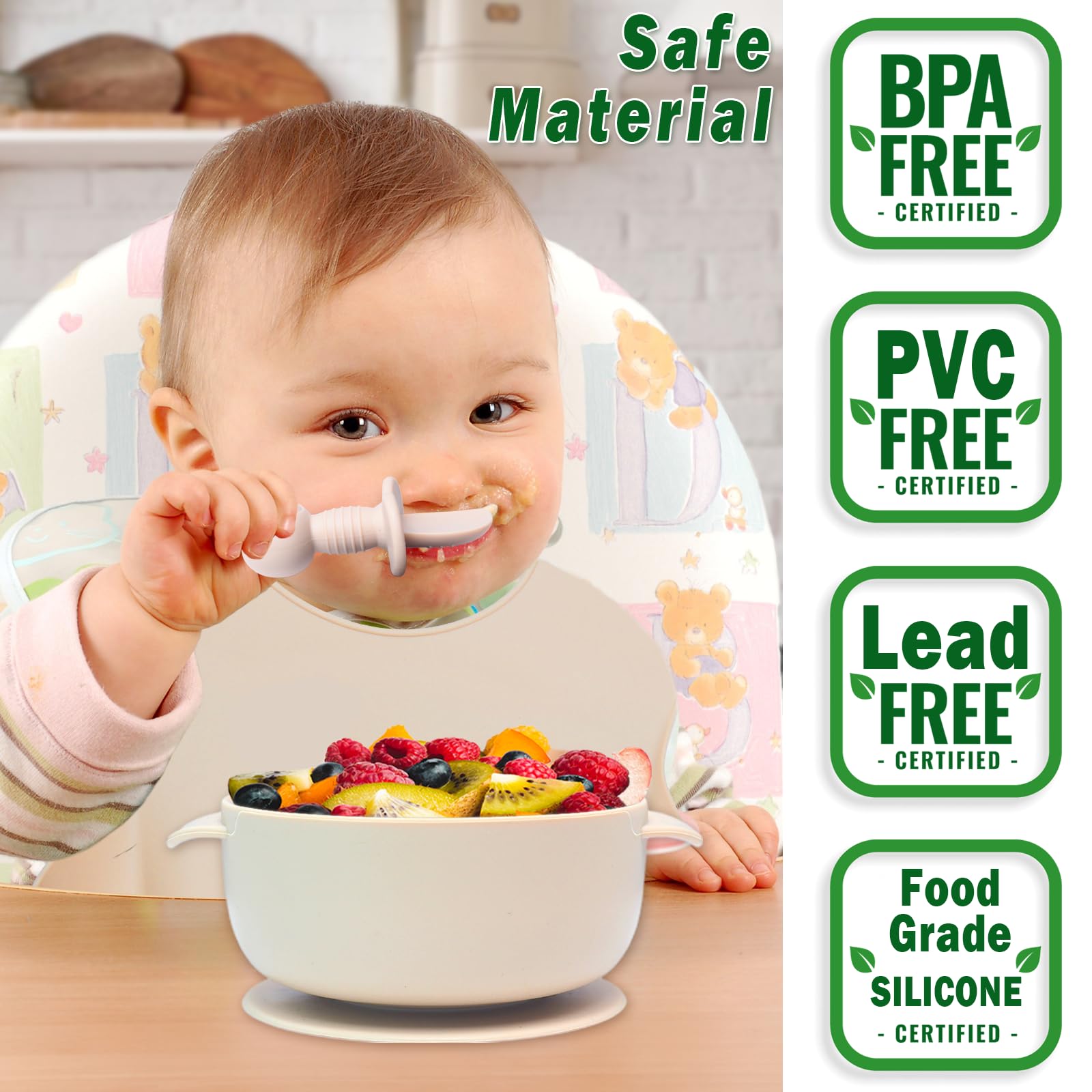 10 Pièces Coffret Repas Bebe Silicone, Assiette bebe Set Vaisselle Assiette ventouse pour bébé, Bavoir Silicone Bebe, fourchettes, Enfant Set Couverts Vaisselle Pour Sevrage Manger (Beige)