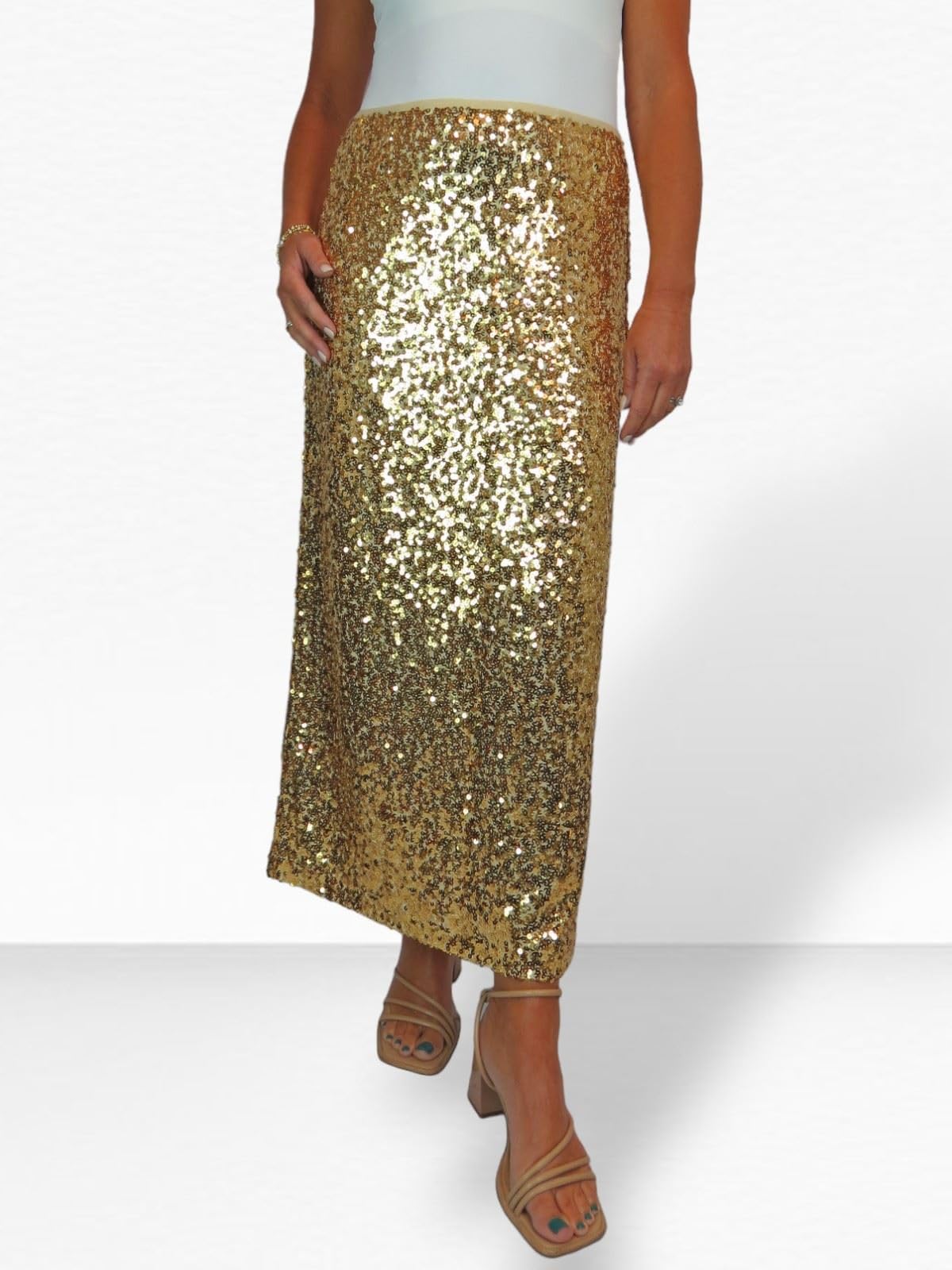 Gonna Lunga da Donna con Paillettes Elasticizzate E Spacco Laterale Aperto sulla Gamba, Completamente Foderata 40-54