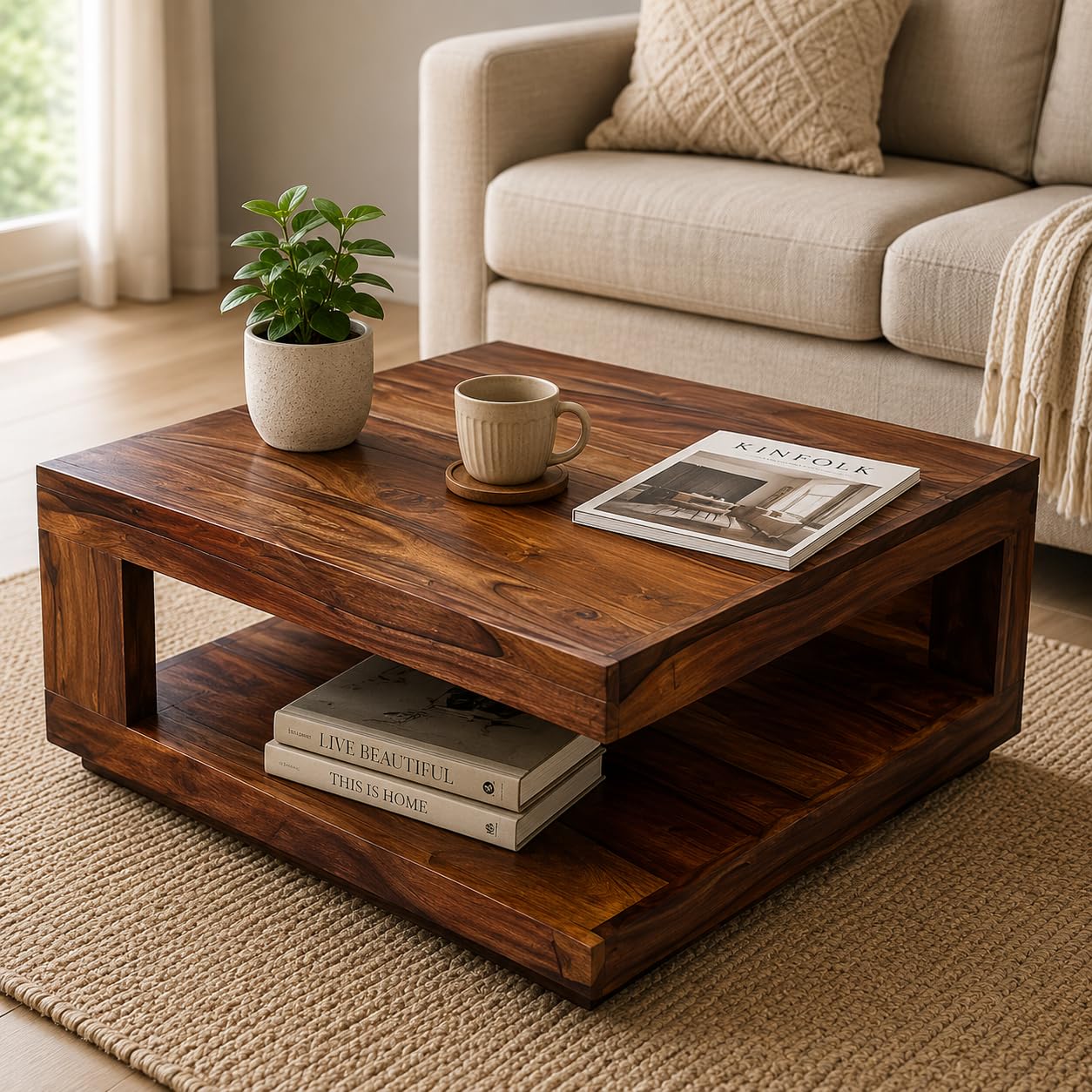 Douceur Furnitures Sheesham Wood Center/Coffee/Tea Table for Living Room/Dinning Room and Hall | Finish:-Natural Brown |-image-47