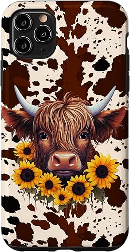 Funda para iPhone 11 Pro Max Western Highland Cow Sunflowers And Cowhide Brown