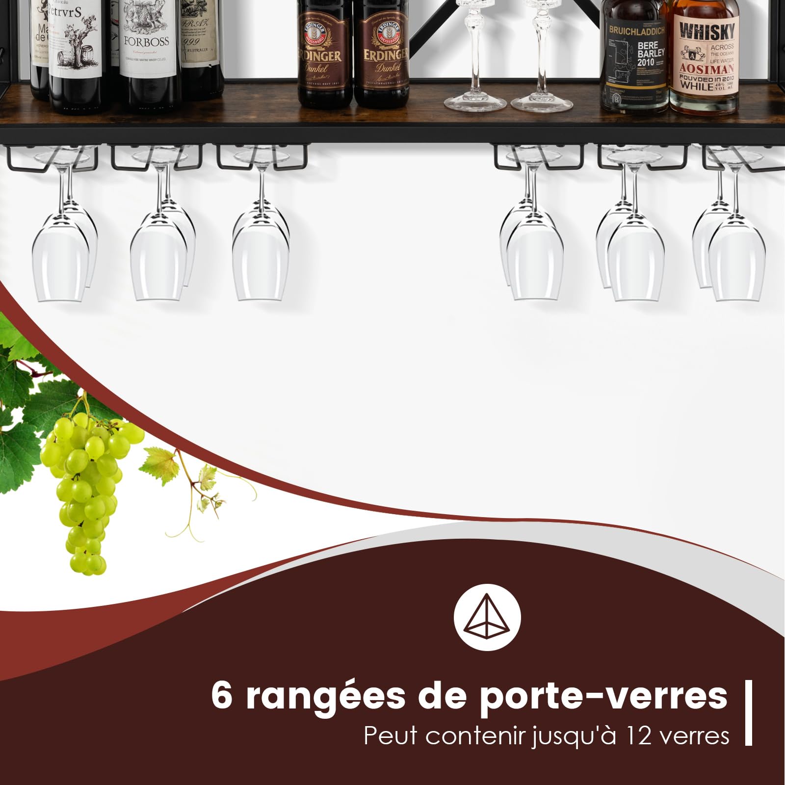 Porte-bouteilles Mural Avec LED - Étagère Pour 39 Bouteilles Et 12 Verres - Style Industriel - Éclairage 16 Couleurs - Pour Cuisine, Bar, Salle à Manger - 6