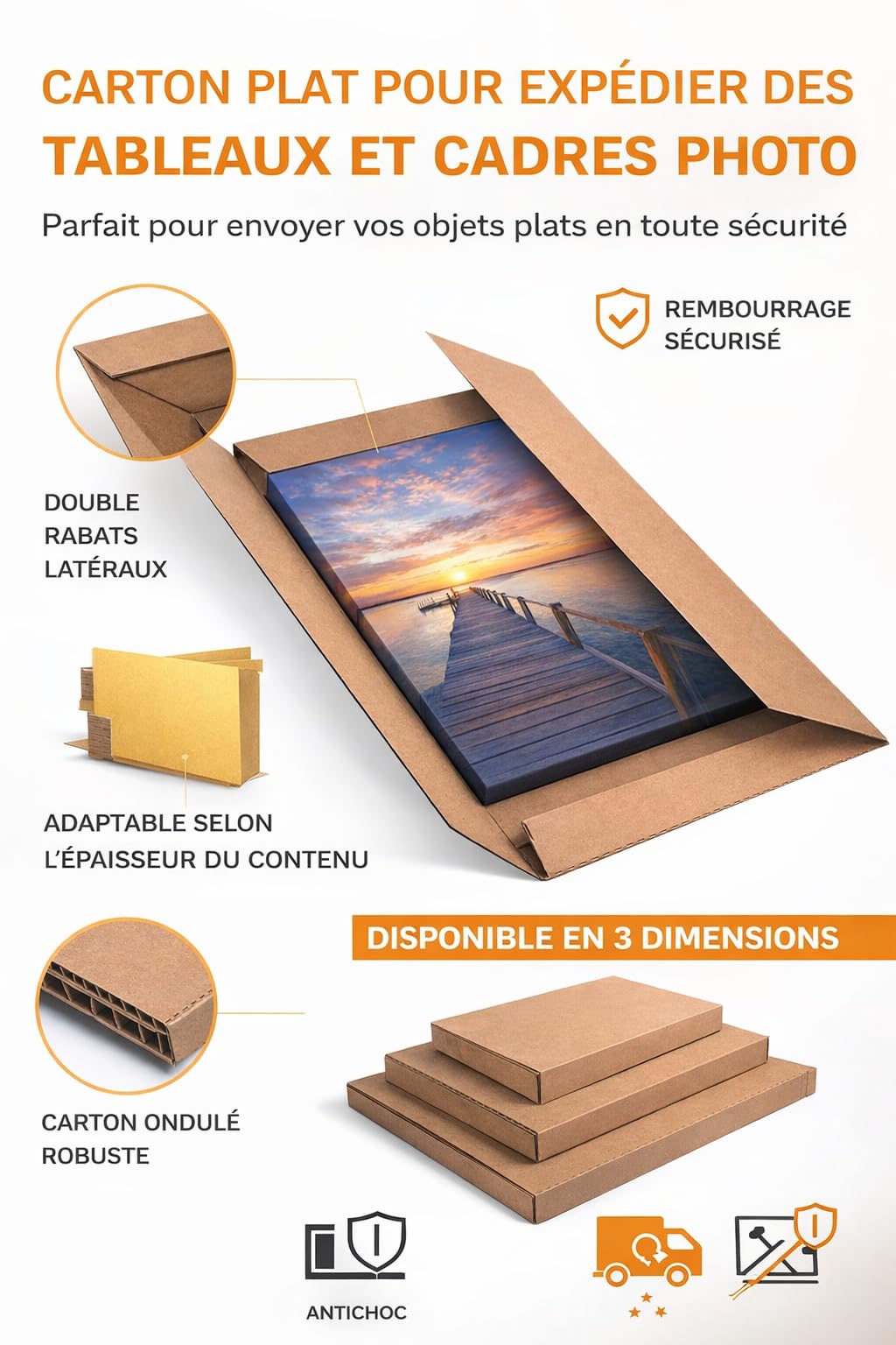 10 Cartons plats expédition tableau et photos | Etui carton produits plats jusqu’à 6 cm | Emballage tableaux, cadres photos, miroirs | Etui 5 panneaux Kraft Brun (660 mm x 520 mm x 10 mm)