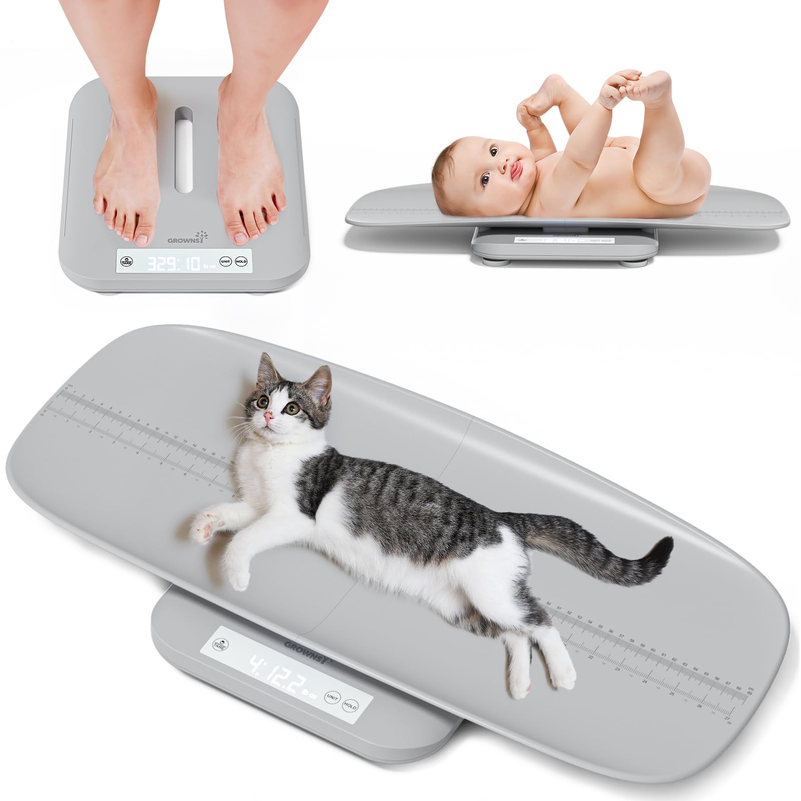 Baby Scale, Multifunctional Puppy Scales for Weighing, Pet Scale for Puppy, Cat, Adult Scale Up to 330lbs, Digital Scale with Hold Function, 27-inch Height Measurement, 5 Units, LED Screen Grey