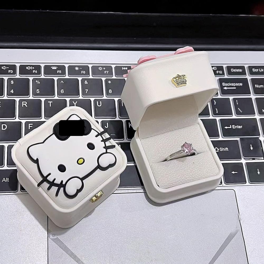 2 Pack Couples Wedding Engagement Ring Box Small Cute Jewelry Box White PU Pop Anime Ring Case Bow Cat Case, Black Pink Cat Groom & Bride Wedding Ring Box Kawaii Wedding Ring Packaging Box