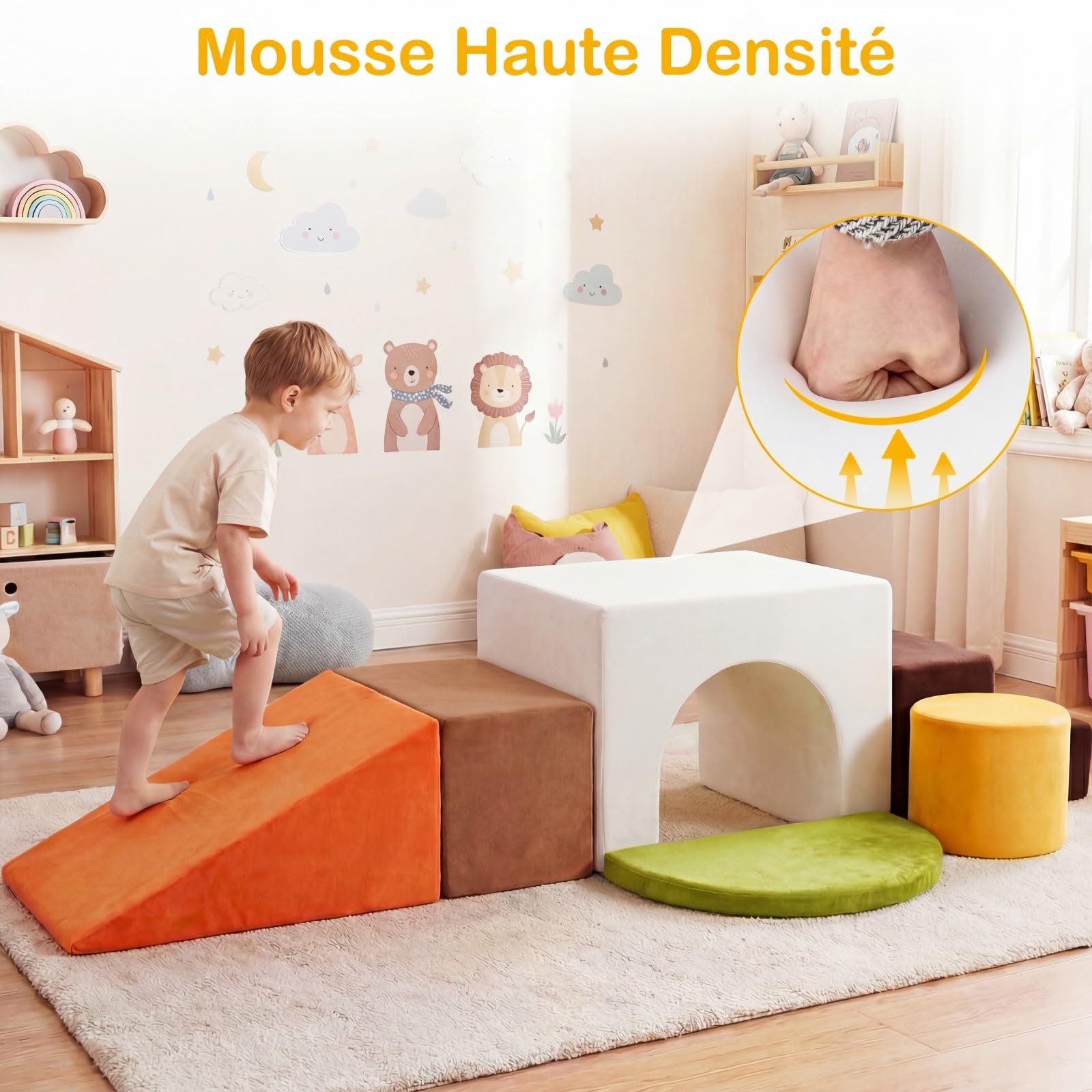 COSTWAY 6PCS Parcours Motricité Bébé en Mousse avec Housse Amovible et Lavable en Velours, Module Motricité Bébé avec Diverses Couleurs & Formes, Jouets Éducatifs Intérieur pour Ramper Grimper (Blanc)