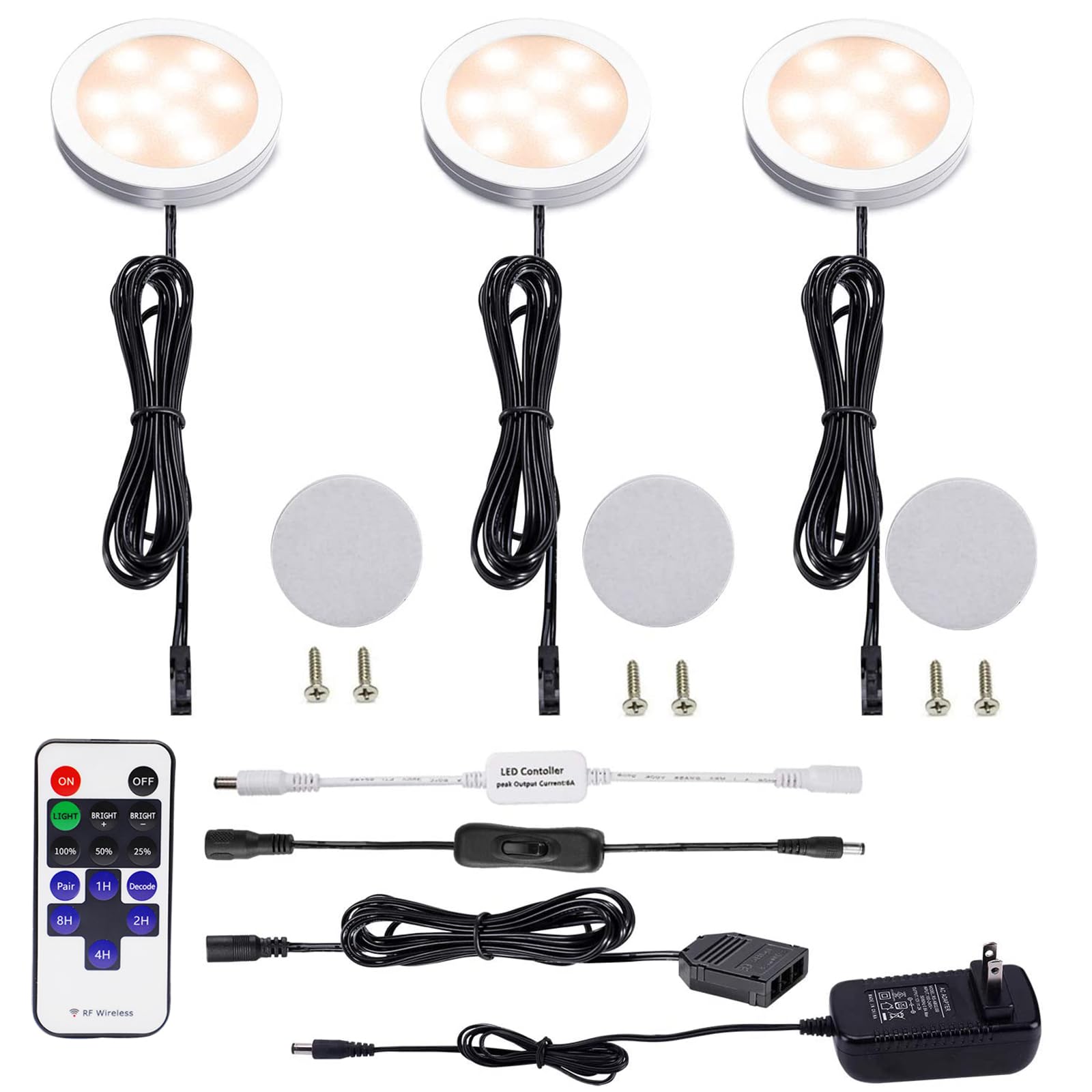 AIBOO Dimmable LED Under Cabinet Puck Lights 3 Lamps Kit with RF Remote Control for Home Kitchen Counter Lighting (Warm White 2700K)