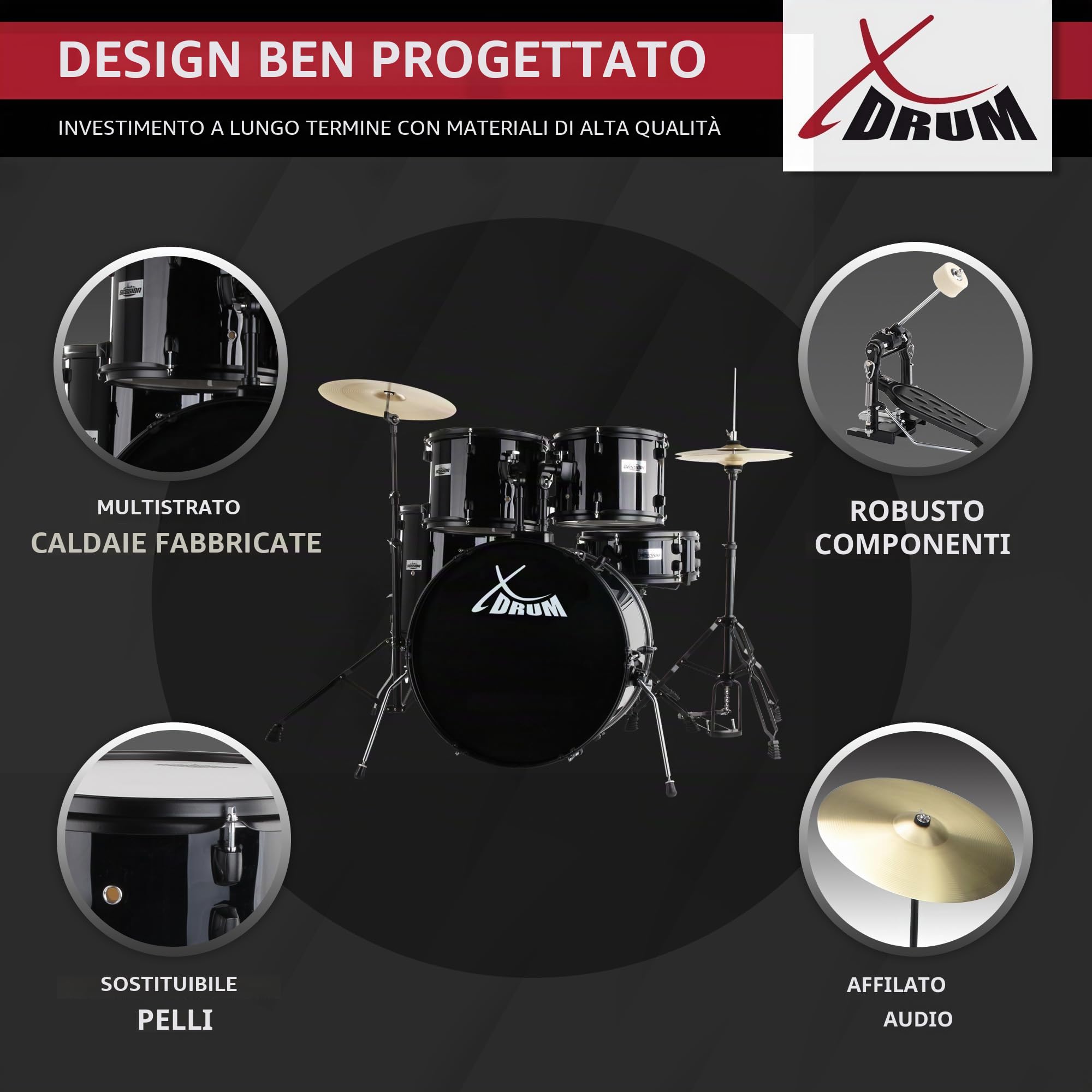 XDrum Rookie 20" Studio Batteria Black più Set di Smorzatori, 14" TT | Fusti in pioppo acusticamente pregiato con pellicola speciale, Hardware nero a doppio rinforzo a 5 pezzi, 14" TT, 14" SD