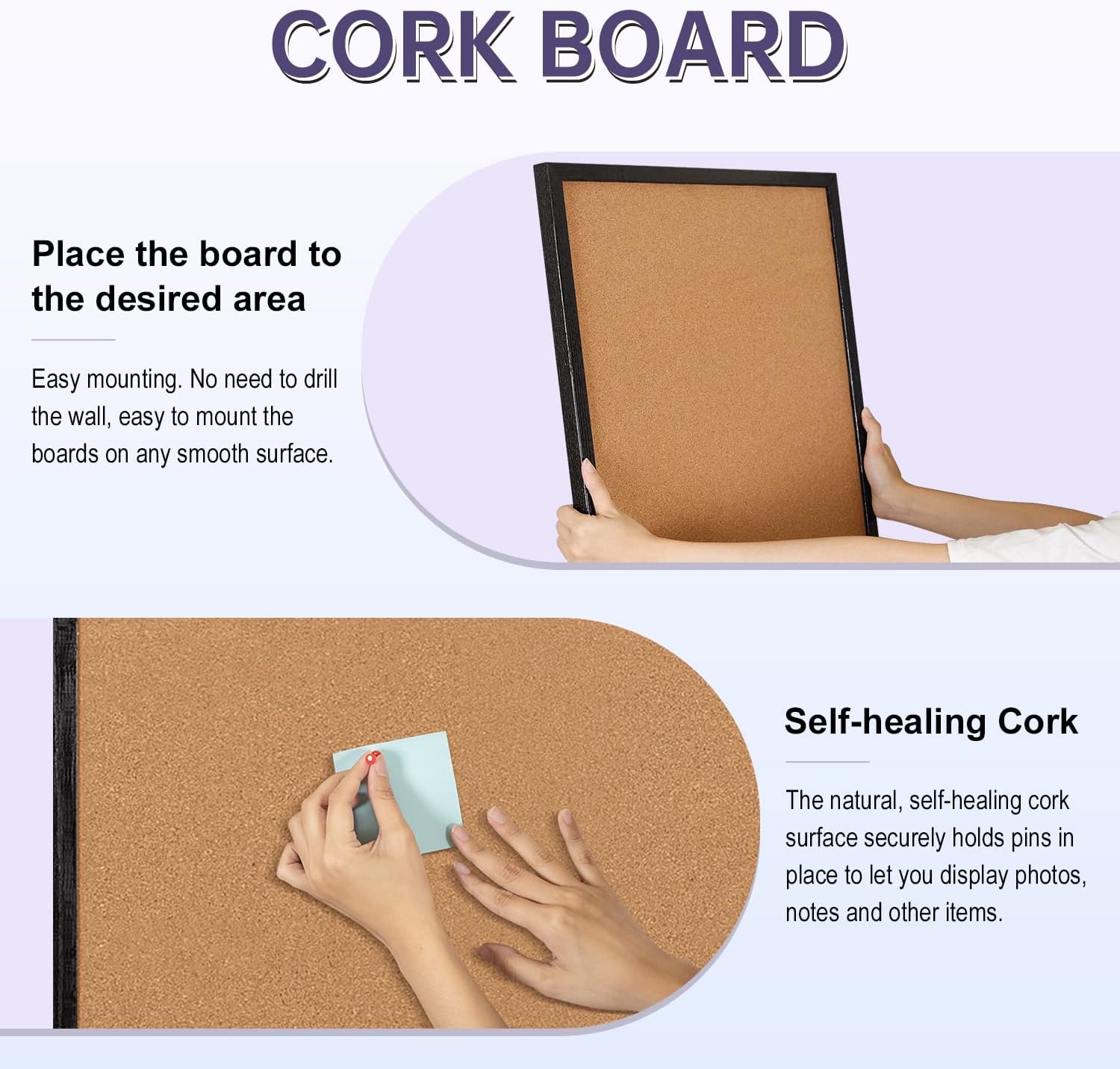 Cork Board Bulletin Board, 36" X 24“ Decorative Hanging Pin Board for Wall with Natural Wood Frame, 50 Push Pins Included