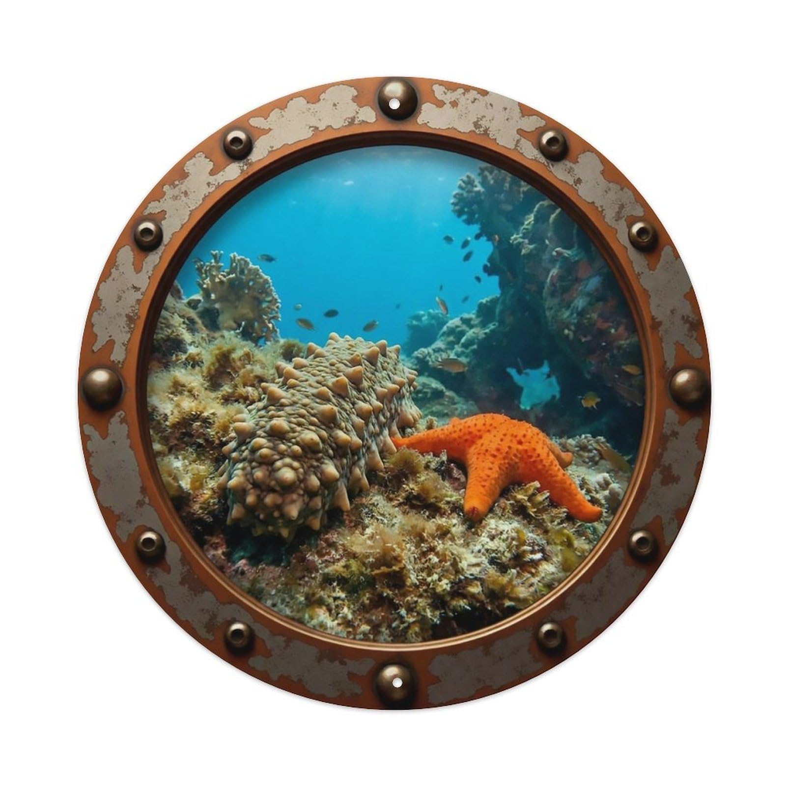 Vintage Porthole Pineapple Sea Cucumber Nautical Window Metal Tin Sign