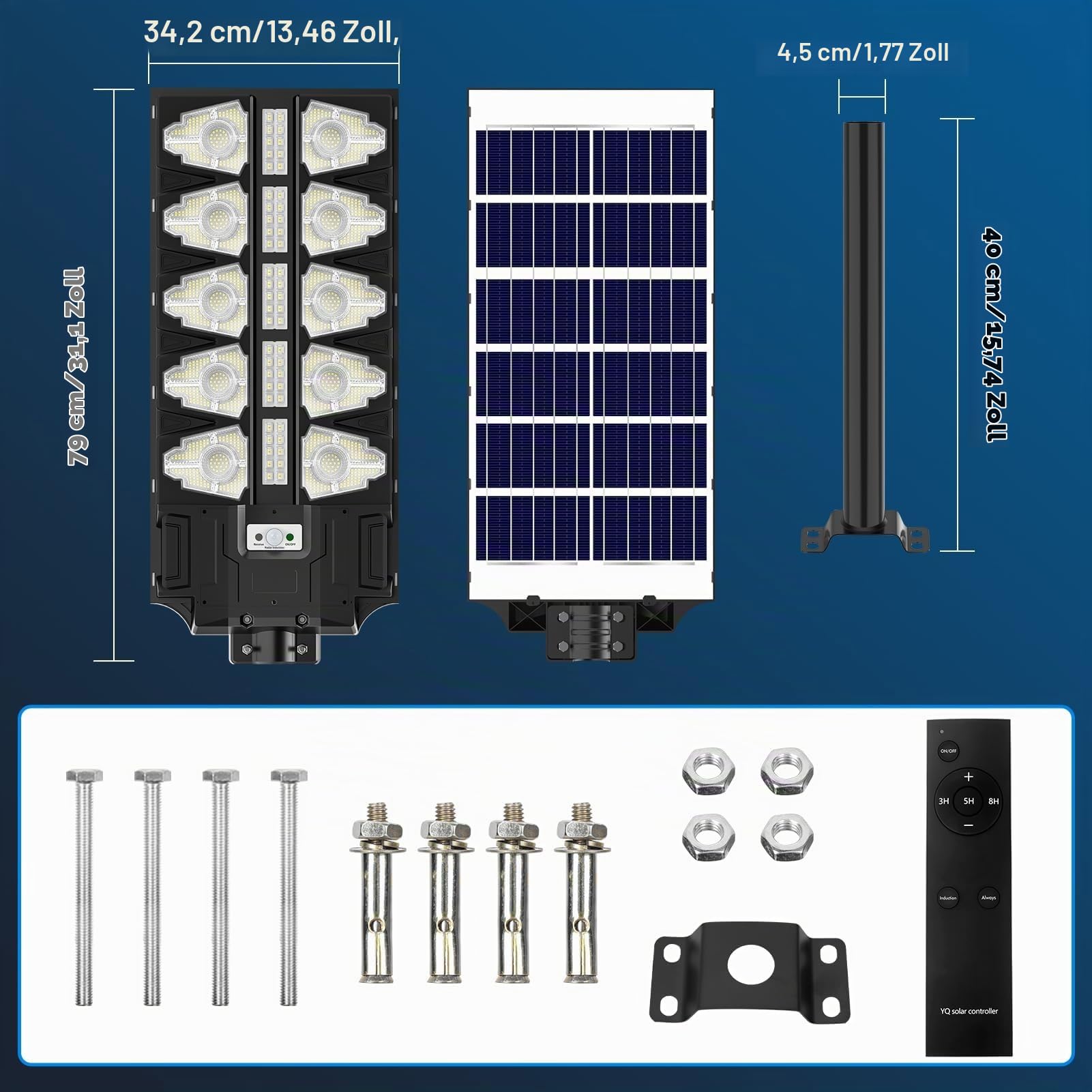 papasbox 2000W LED Solar Straßenlaterne mit Fernbedienung | Straßenlampe 6500K Solarbetriebene mit Bewegungsmelder Sensor | Außen Wegeleuchte im Freien Straßenleuchte