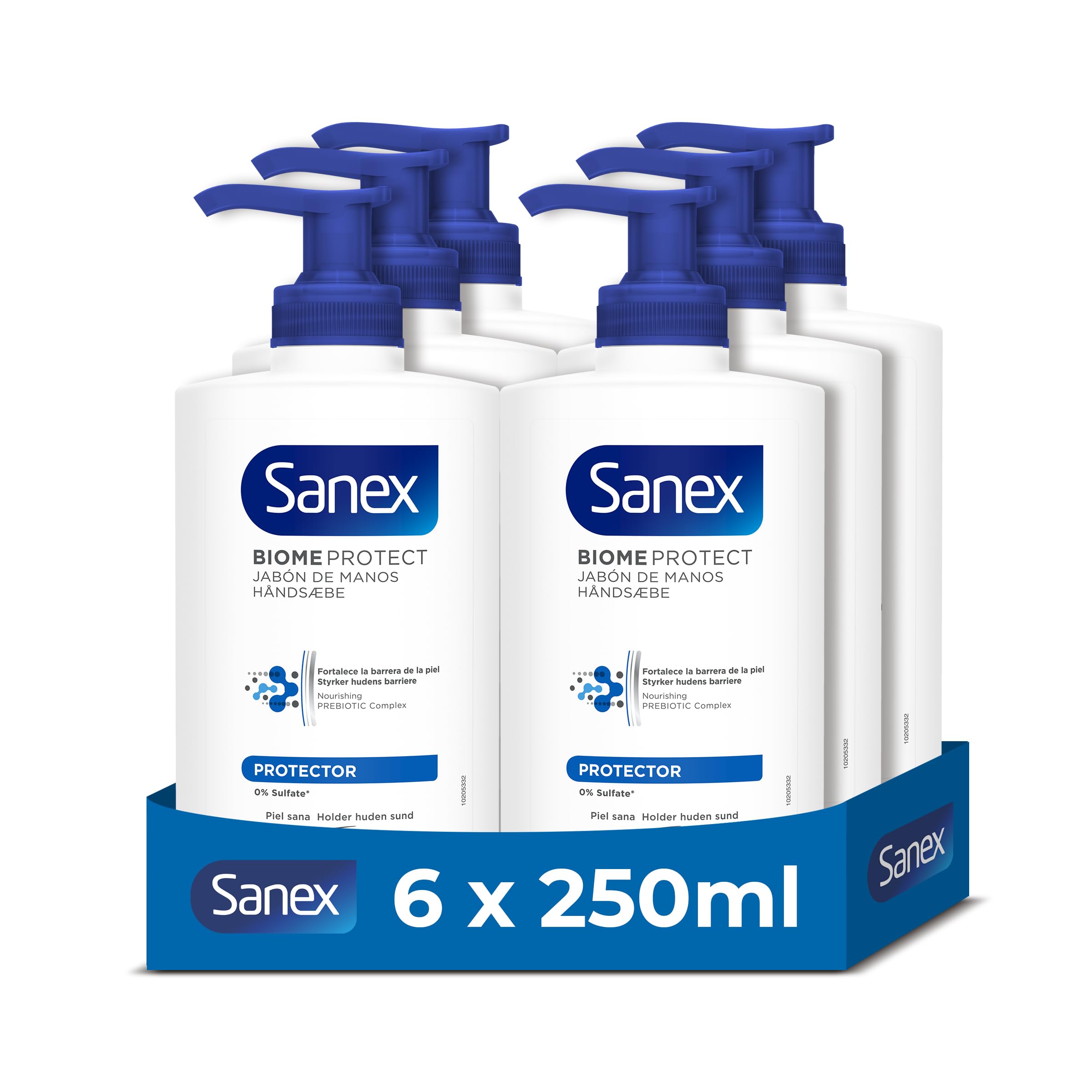 Sanex Jabón de manos líquido BiomeProtect, 6 uds x 250ml, Mantiene la hidratación natural, Fórmula avanzada, Estimula bacterias buenas, Fortalece la barrera cutánea, Testado dermatológicamente