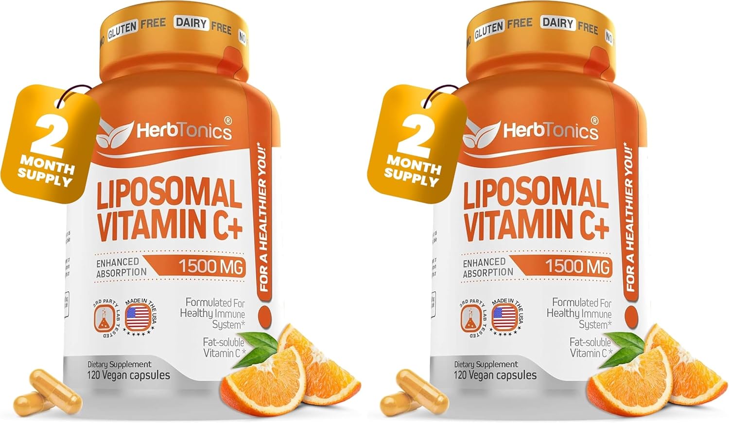 Herbtonics Liposomal Vitamin C Capsules 1500mg Immune Support Supplement | Immune System Health | High Absorption Vitamin C | Contains Collagen | 120 Vegan Capsules Non-GMO (Pack of 2)