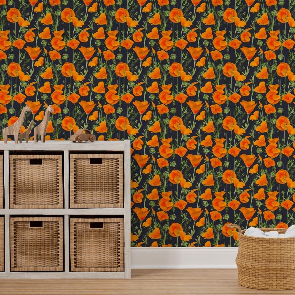 Peel & Stick Wallpaper 3ft x 2ft - Poppies Poppy Orange Blue Floral Art Navy Flower Custom Removable Wallpaper by Spoonflower