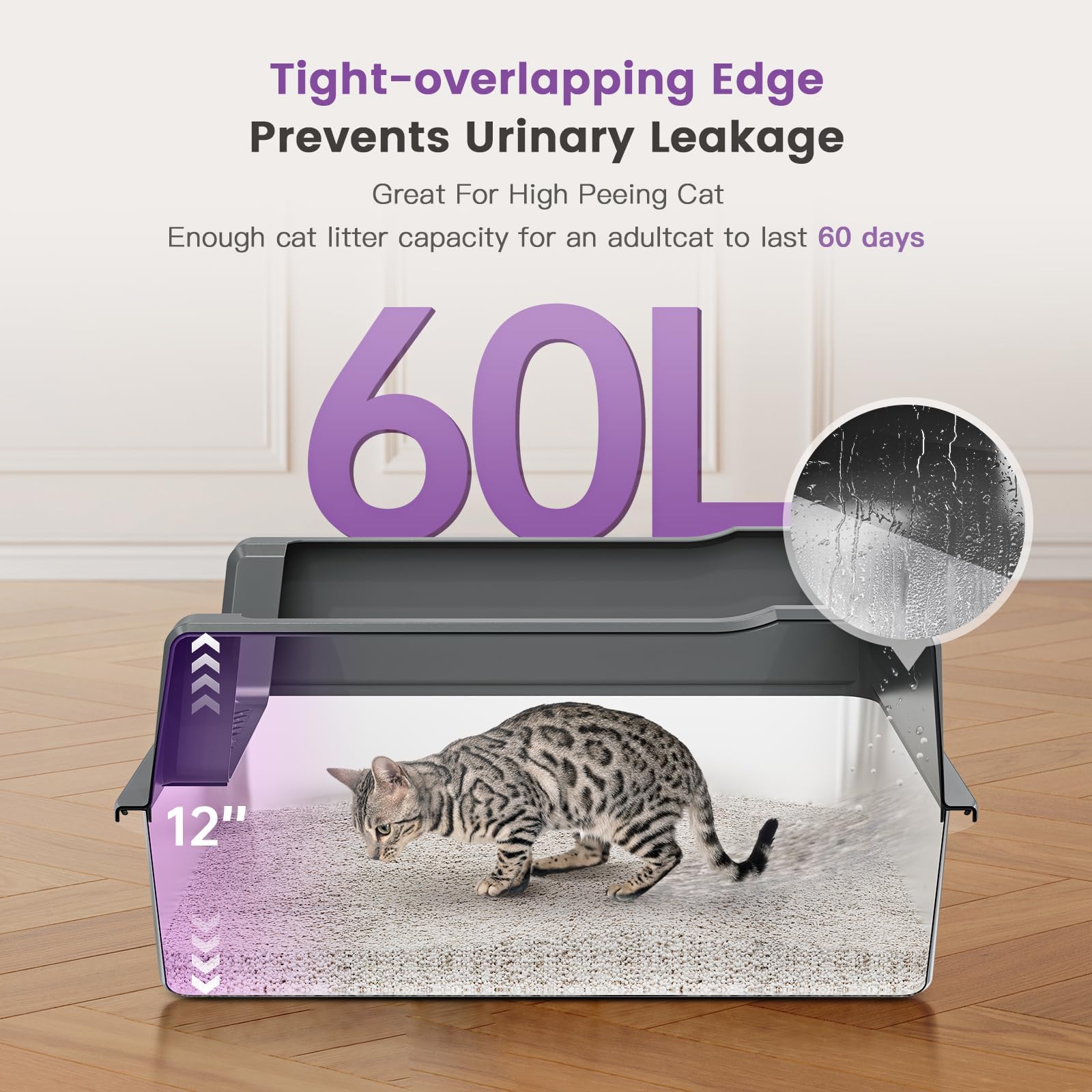 XXL-Katzentoilette aus Edelstahl mit hoher Seite, 66 cm L x 45,7 cm B x 30,5 cm H, extra große Katzentoilette für große Katzen und mehrere Katzen, Katzentoilette mit Anti-Urin-Auslauf, leicht zu