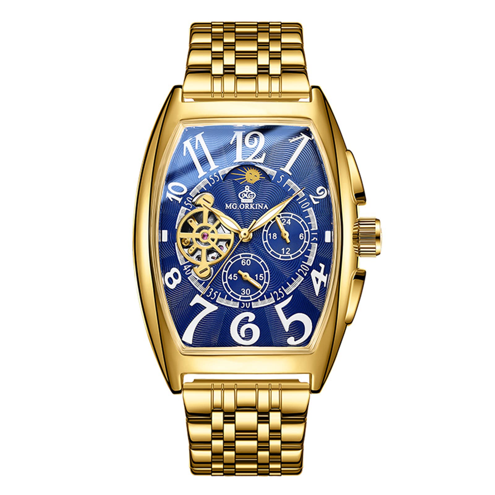 FORSINING Mode Männer Rechteckige Uhren Tourbillon Automatische Edelstahl Uhr Wasserdicht Casual Business Mechanische Armbanduhr, Goldfarben/Blau, Armband
