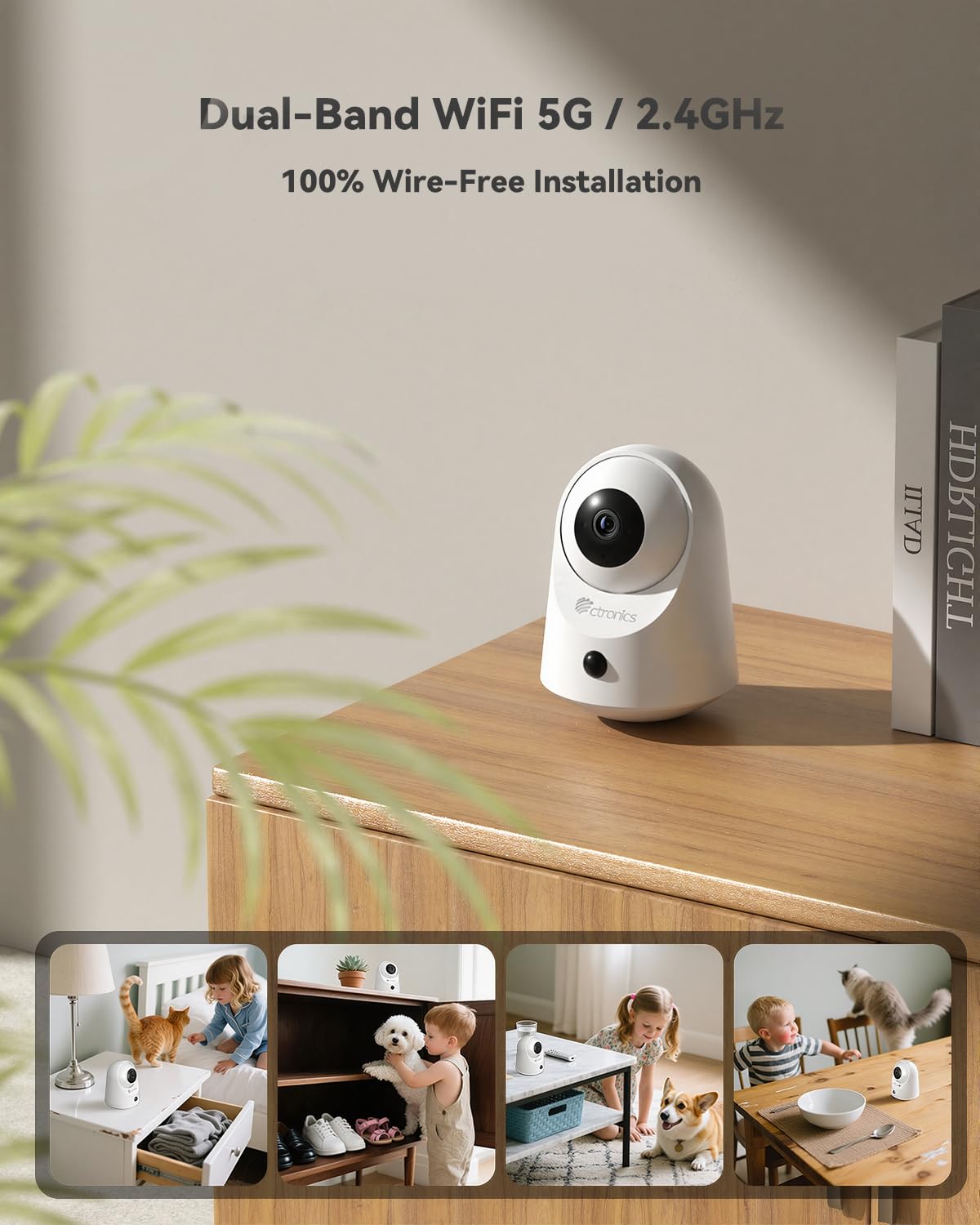 Ctronics Caméra sans Fil 2K Alimentée par Batterie Surveillance WiFi | Double Bande 2,4/5GHz, Vision Nuit 20m, PIR, Audio bidirectionnel, Stockage 128Go/cloud, Compatible PC/App