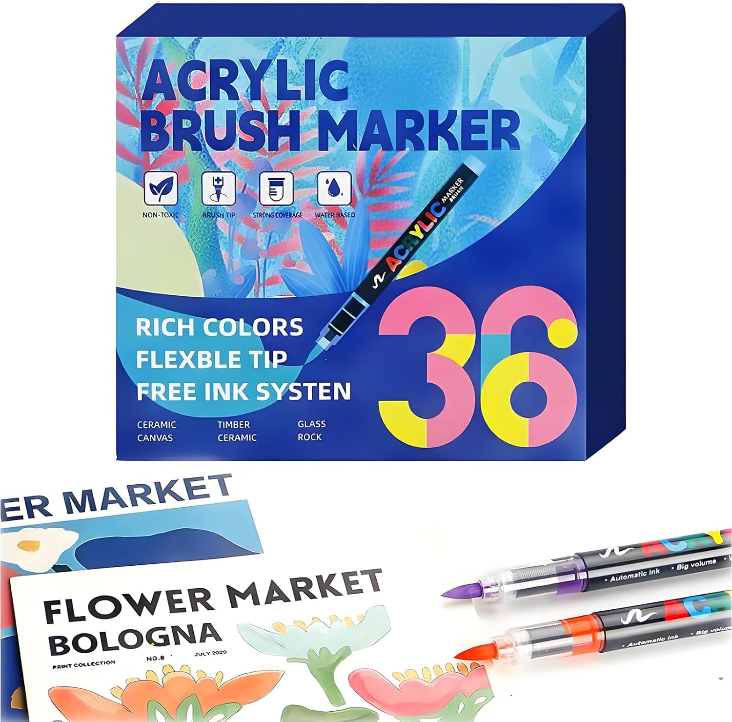 Acrylic Paint Markers, Soft Brush Tip Pens and Markers, 36 Colors Acrylic Paint Pens for Wood, Stone, Canvas, Glass, Fabric, Egg, Rock Painting and DIY Crafts Art Supplies