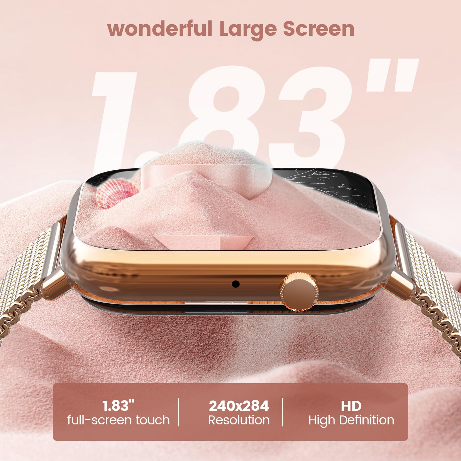 elfofle Smartwatch Donna Uomo con Chiamate, 1,83" Orologio HD Touchscreen, impermeabile IP67 /SpO2 Fitness Tracker/Ciclo Mestruale Frequenza Cardiaca Sleep Monitor per iOS Android (Oro rosa)