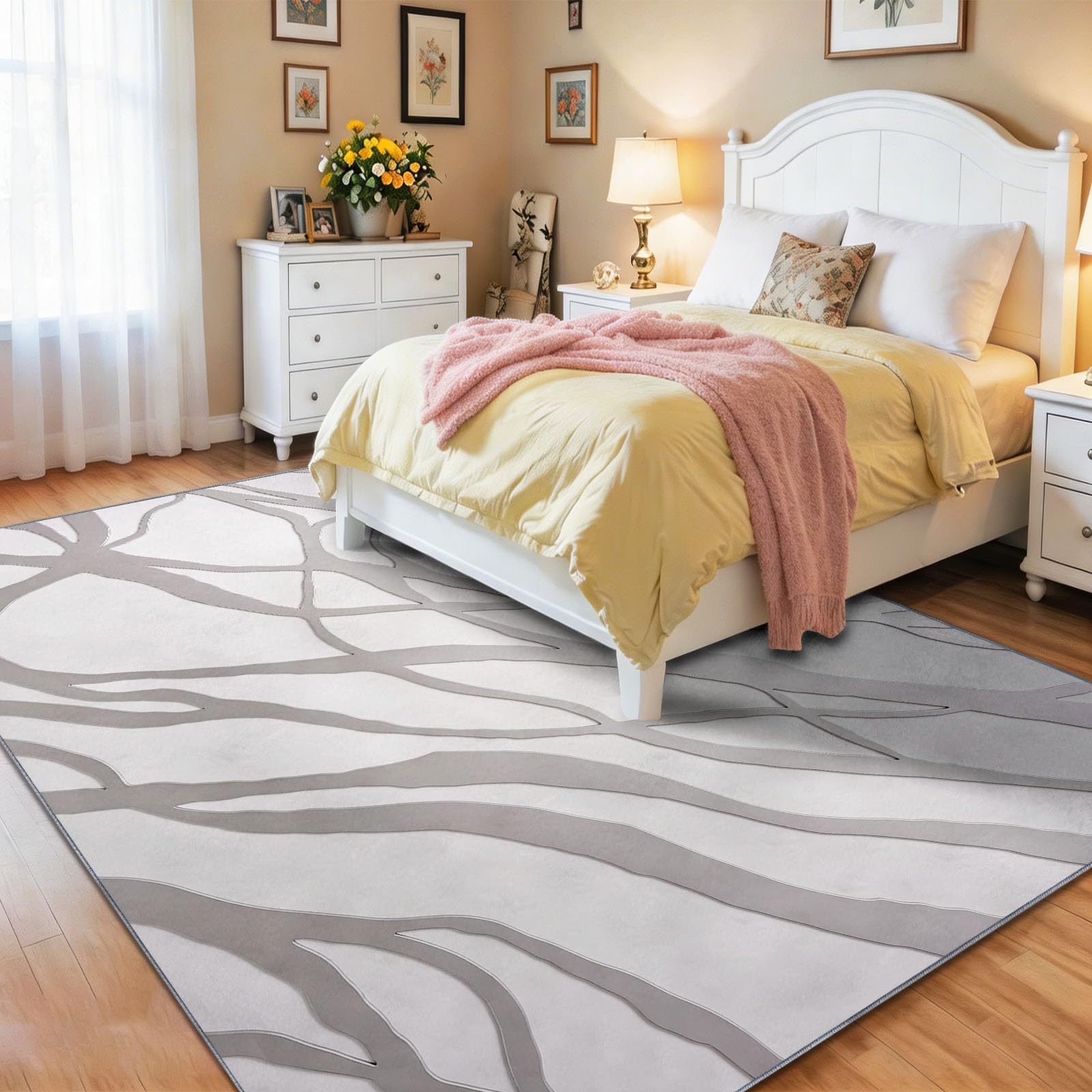 Minimalistisch Natürlich Handgezeichnete Wellige Linien Raue Textur Teppich, für Wohnzimmer Schlafzimmer Esszimmer Büro Kurzflor Teppiche Waschbar Weich rutschfest ultradünn, 160 x 230 cm Cremeweiß